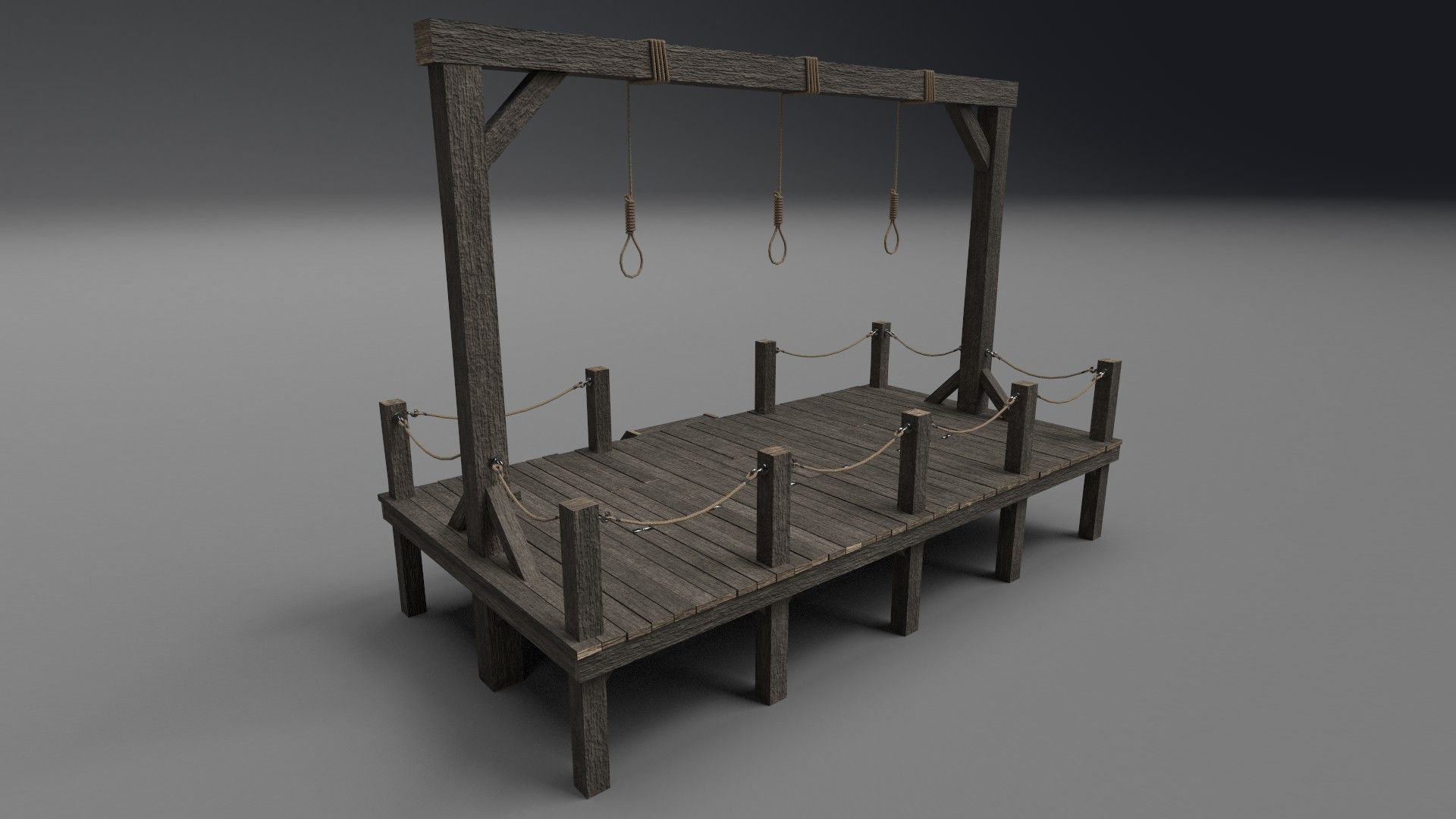 Gallows PBR wooden platform with ropes 3D model_3