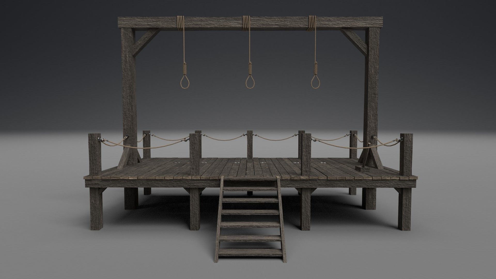 Gallows PBR wooden platform with ropes 3D model_7