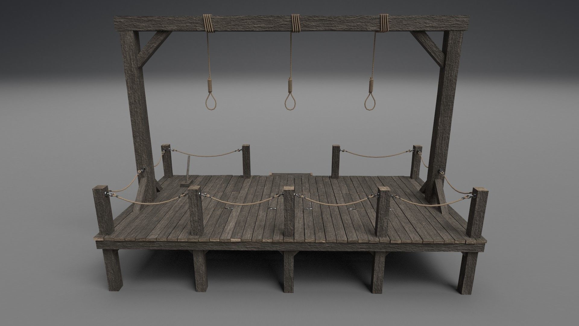 Gallows PBR wooden platform with ropes 3D model_4