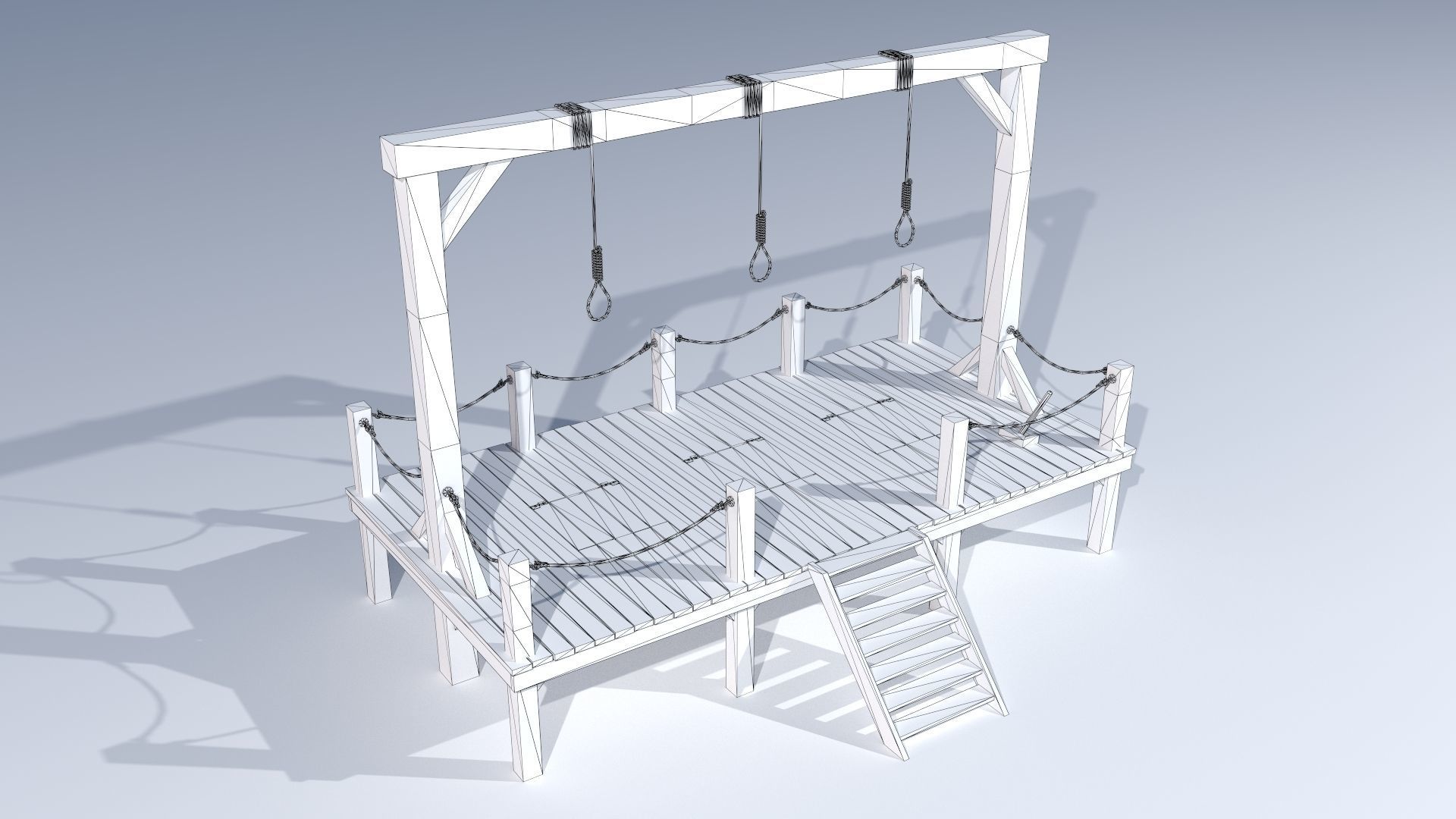 Gallows PBR wooden platform with ropes 3D model_8