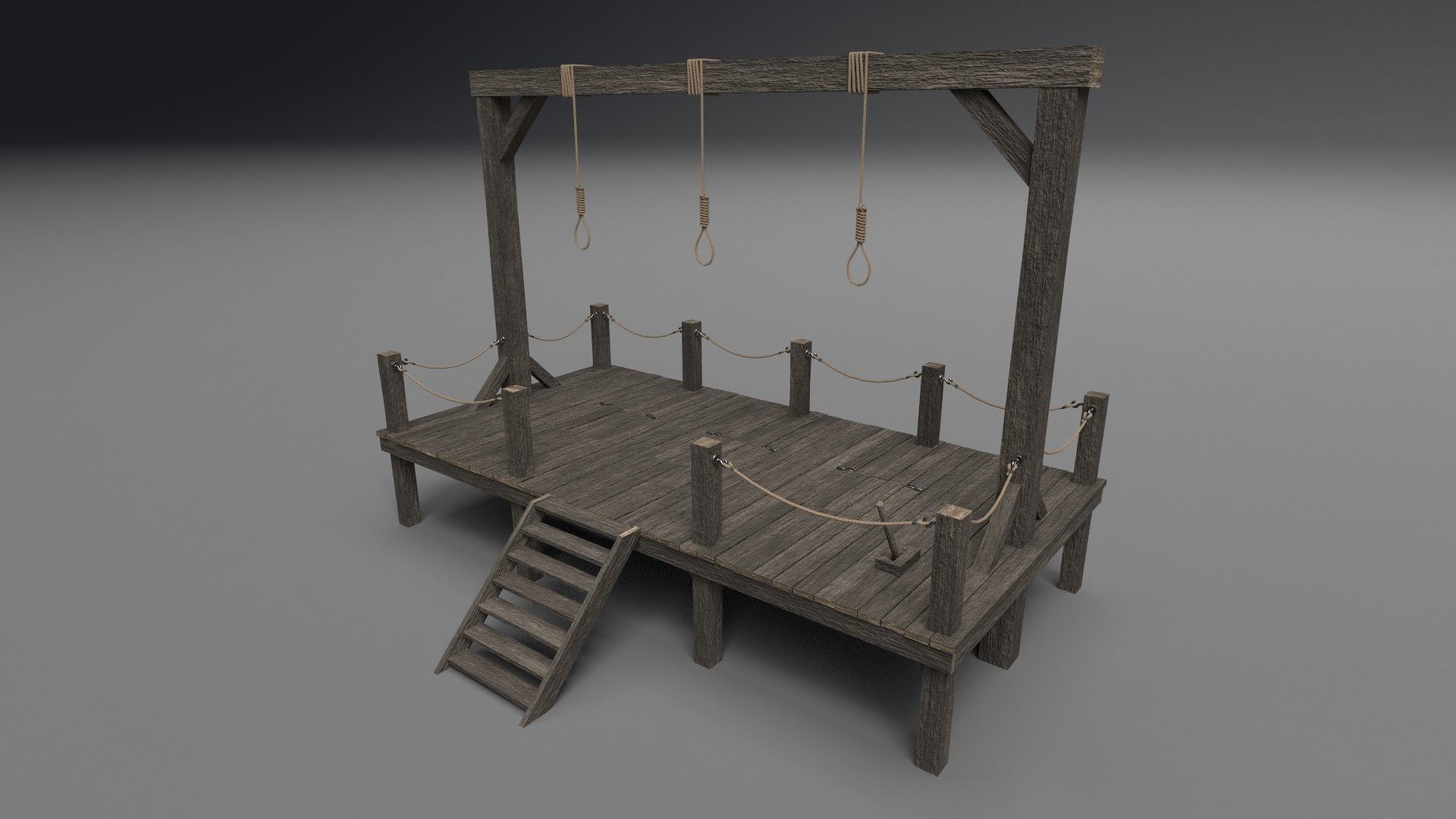 Gallows PBR wooden platform with ropes 3D model_2