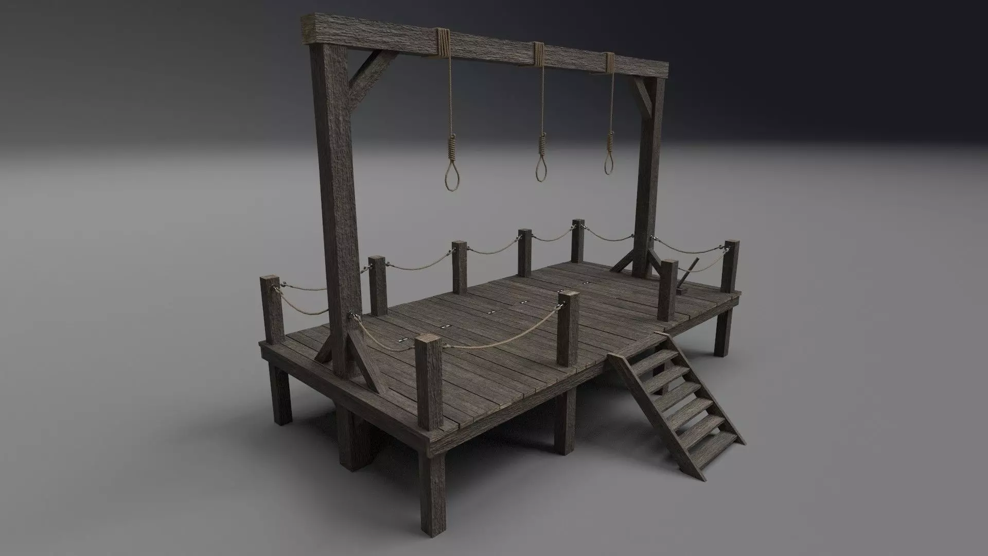 Gallows PBR wooden platform with ropes 3D model_0