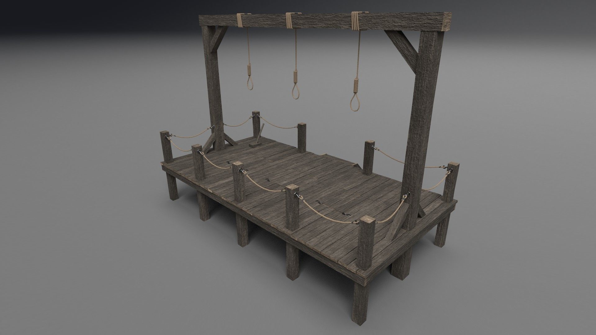 Gallows PBR wooden platform with ropes 3D model_5