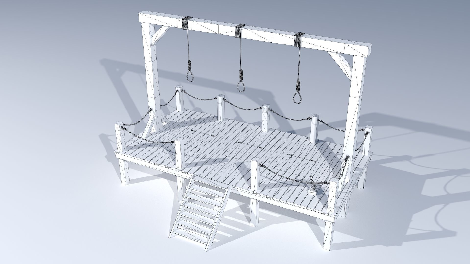 Gallows PBR wooden platform with ropes 3D model_9