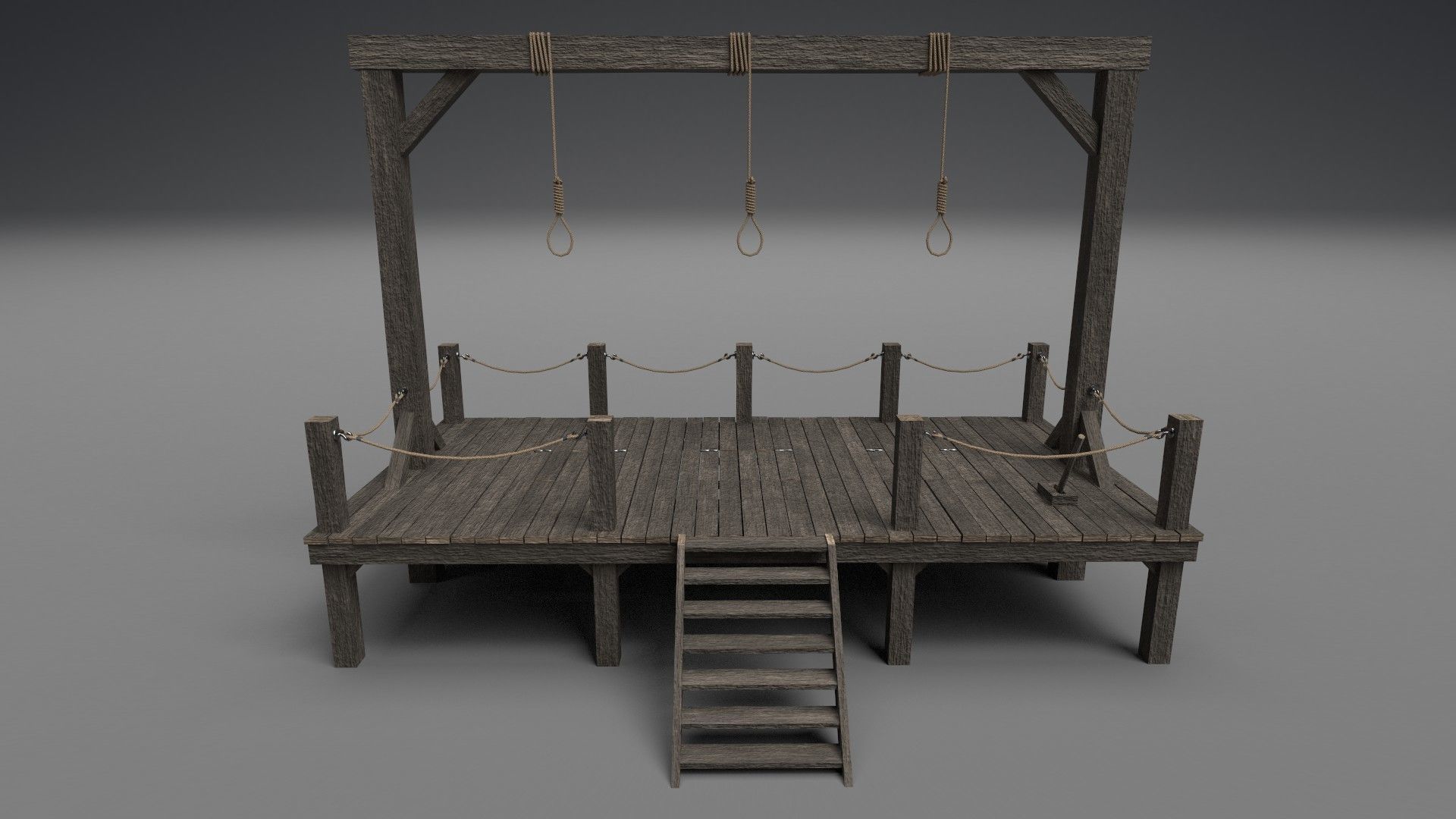 Gallows PBR wooden platform with ropes 3D model_1
