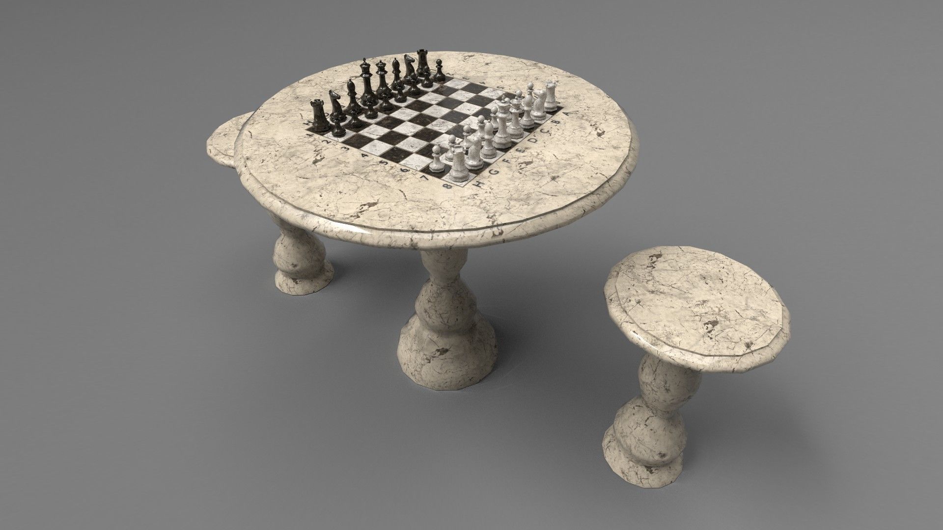 Chess set PBR table and stools 3D model_2