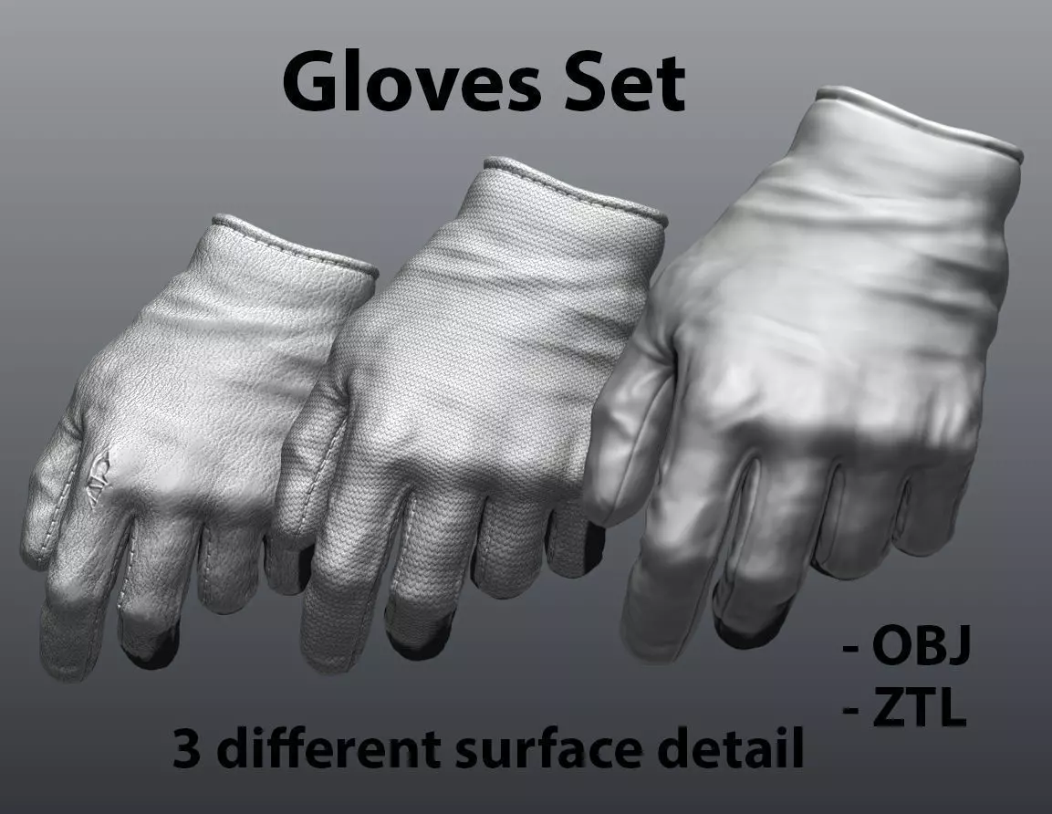 Gloves Set pair of with different surface details 3D model_0