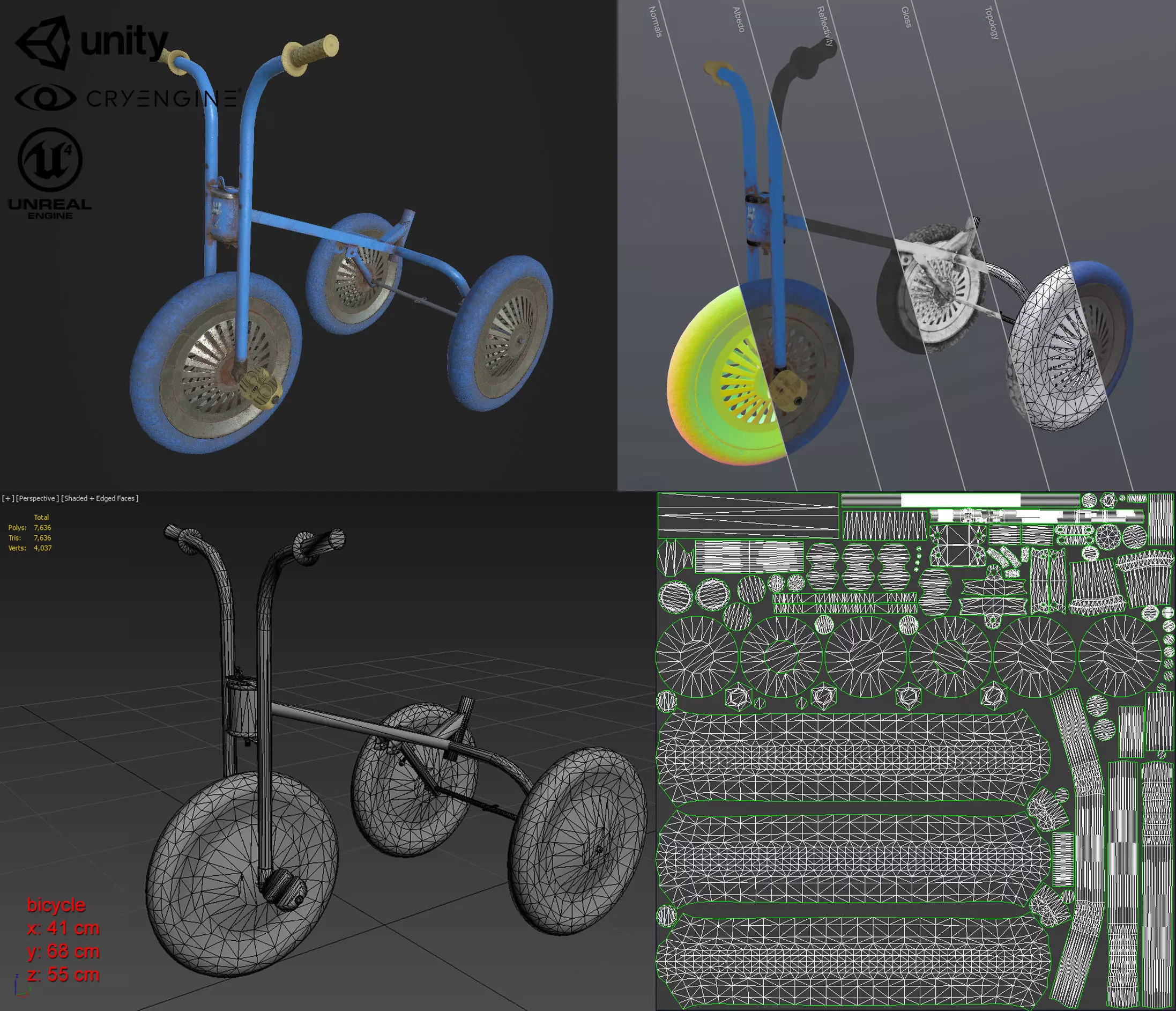 Broken Soviet children bicycle Low-poly 3D model_0