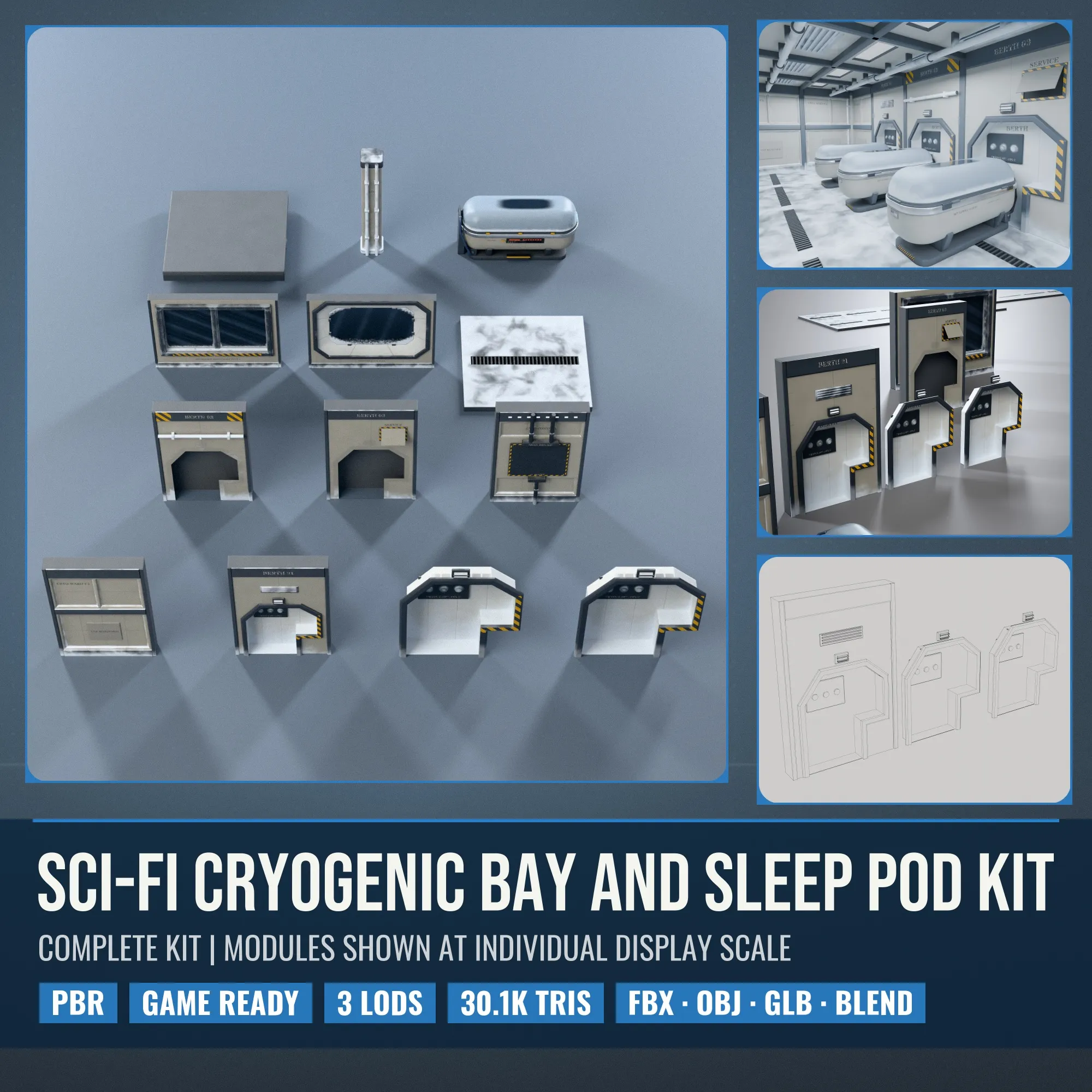 3D model Sci-Fi Cryogenic Bay and Sleep Pod Kit VR / AR / low-poly ...