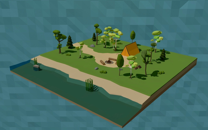 LowPoly Scene Camping in the Woods Low-poly 3D model