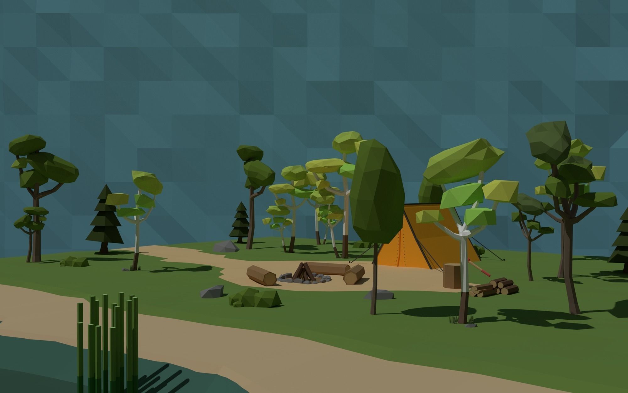 LowPoly Scene Camping in the Woods Low-poly 3D model_1