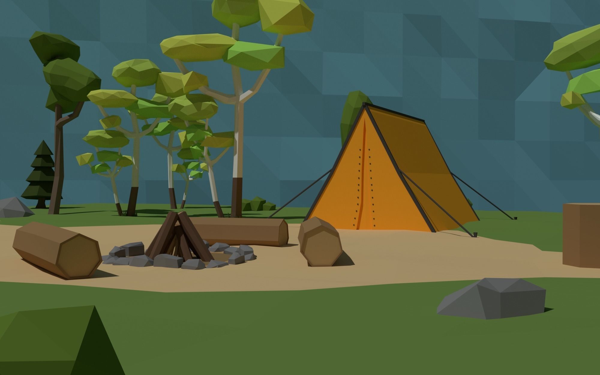 LowPoly Scene Camping in the Woods Low-poly 3D model_2
