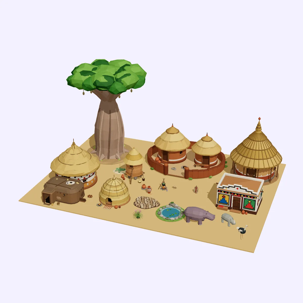 3D model Low Poly African Savanna Village Set - 21 Assets VR / AR / low ...