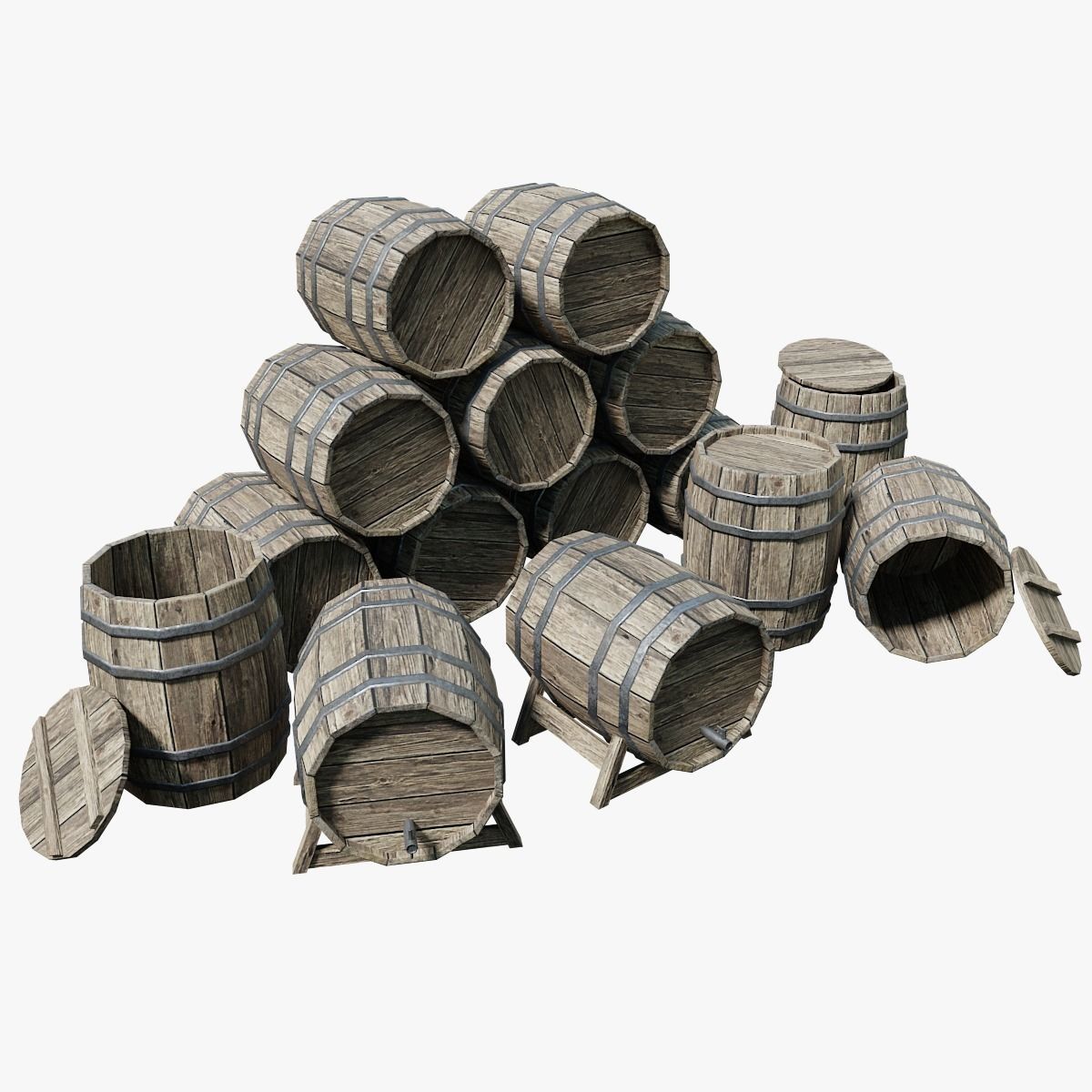 Wooden Barrel Collection PBR Low-poly 3D model_0