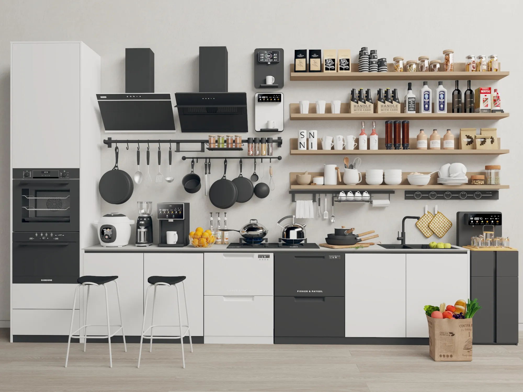 Kitchen Interior Design Visualization 3D model Modern Kitchen Interior with Appliances Scene VR / AR / low ...