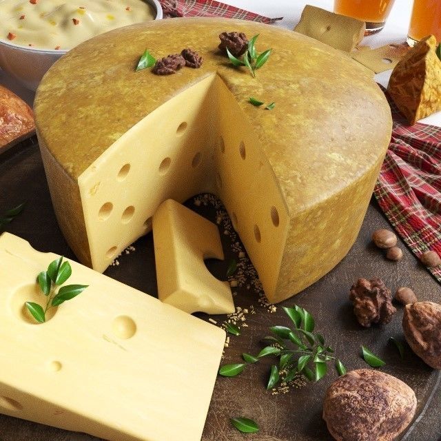 Breakfast Set scottish cheese and donuts on wooden board 3D model_2