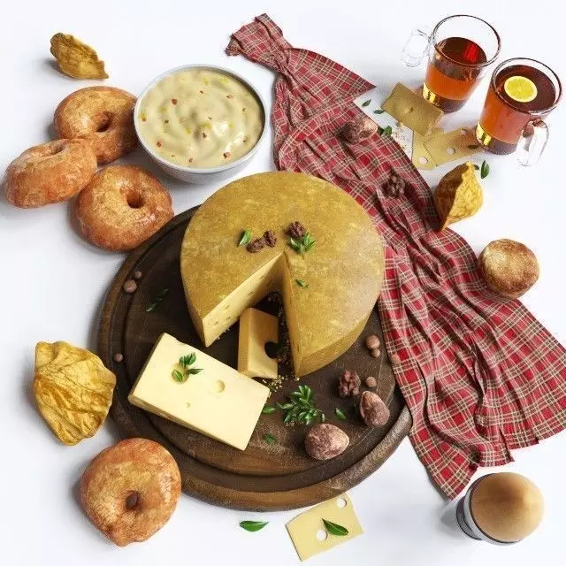 Breakfast Set scottish cheese and donuts on wooden board 3D model_0