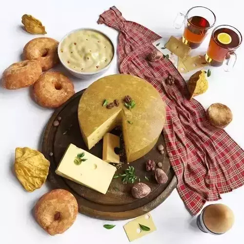 Breakfast Set scottish cheese and donuts on wooden board 3D model