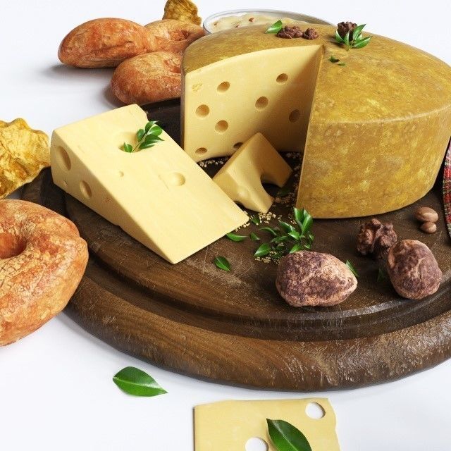 Breakfast Set scottish cheese and donuts on wooden board 3D model_1
