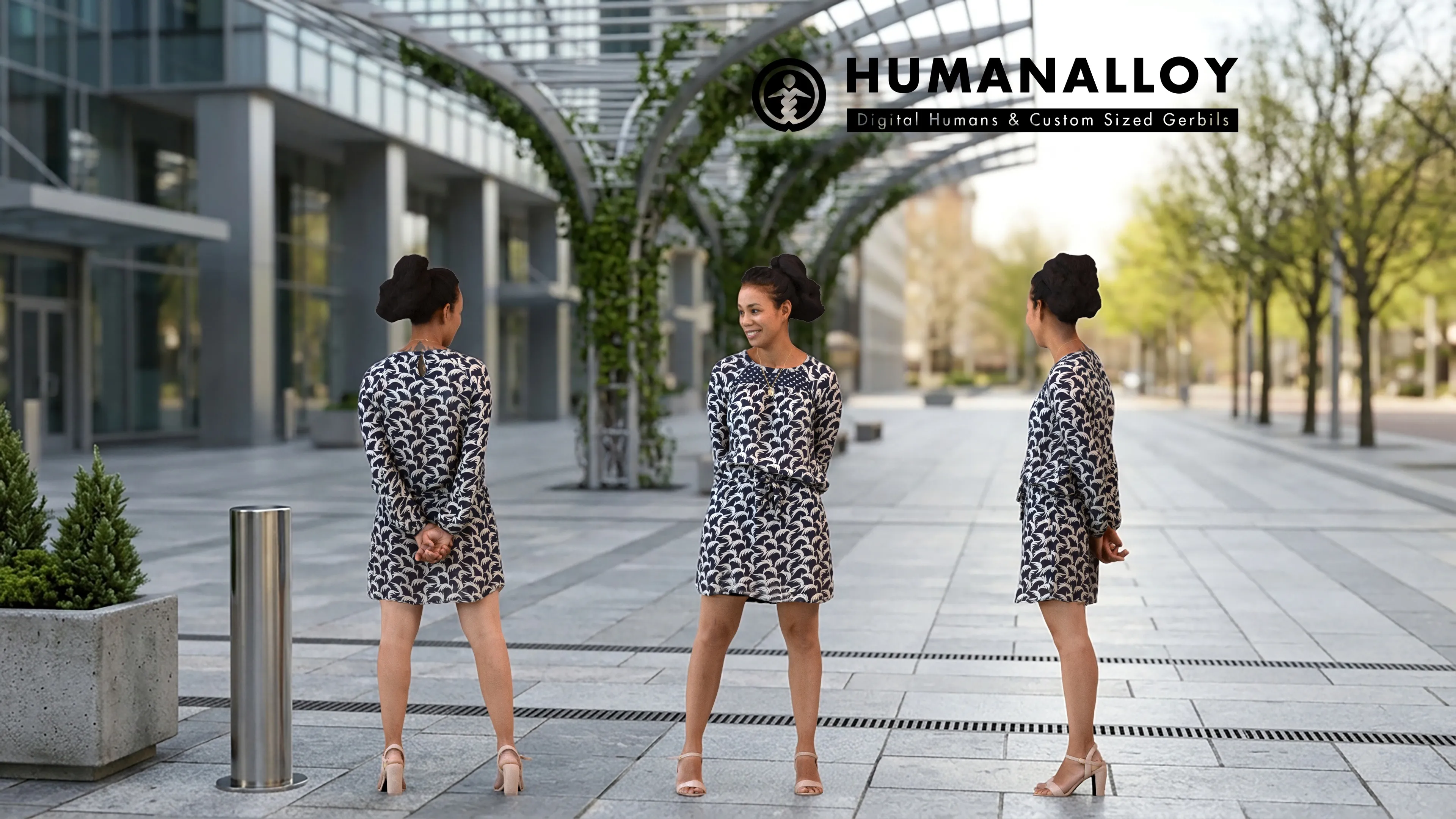 Adult Asian woman waiting in public space wearing transitional 3D model