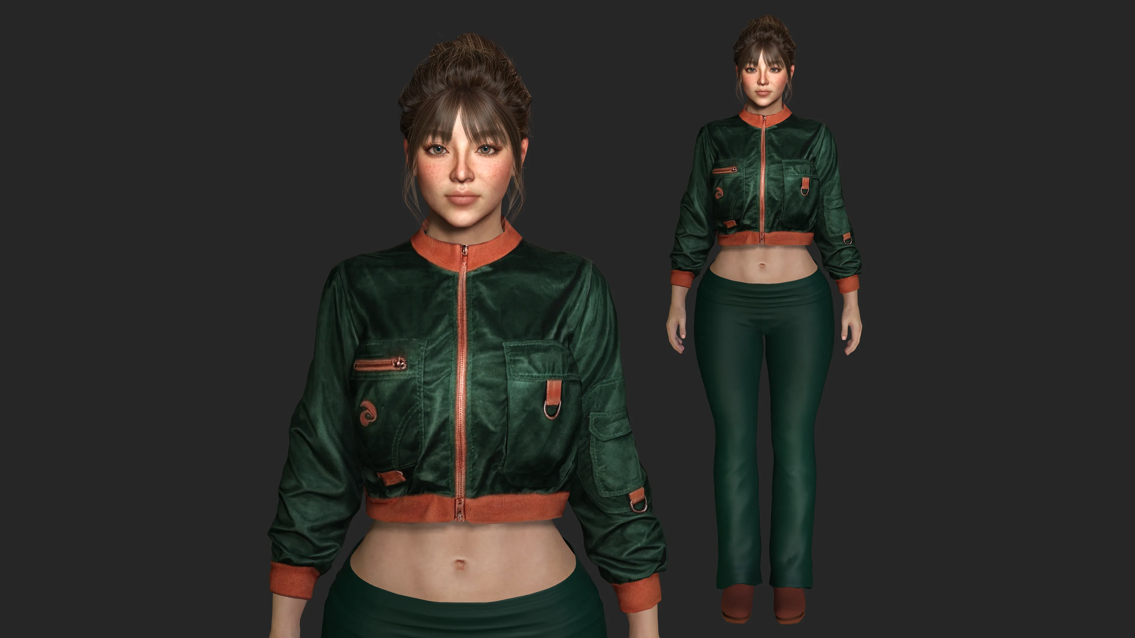 3D model Realistic Game Character - Korean Girl Green Bomber Jacket VR ...