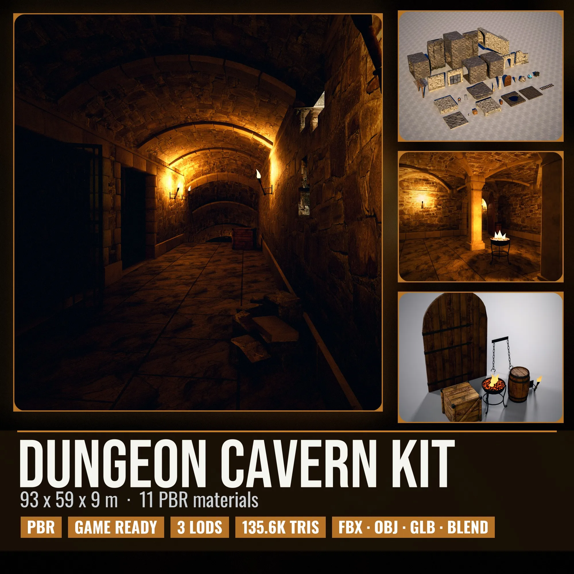 3D model Dungeon and Cavern Modular Kit with Mine Tunnels VR / AR / low ...
