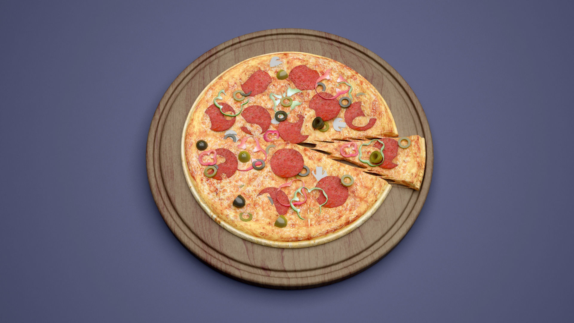 pizza on wooden plate 3D print model_3