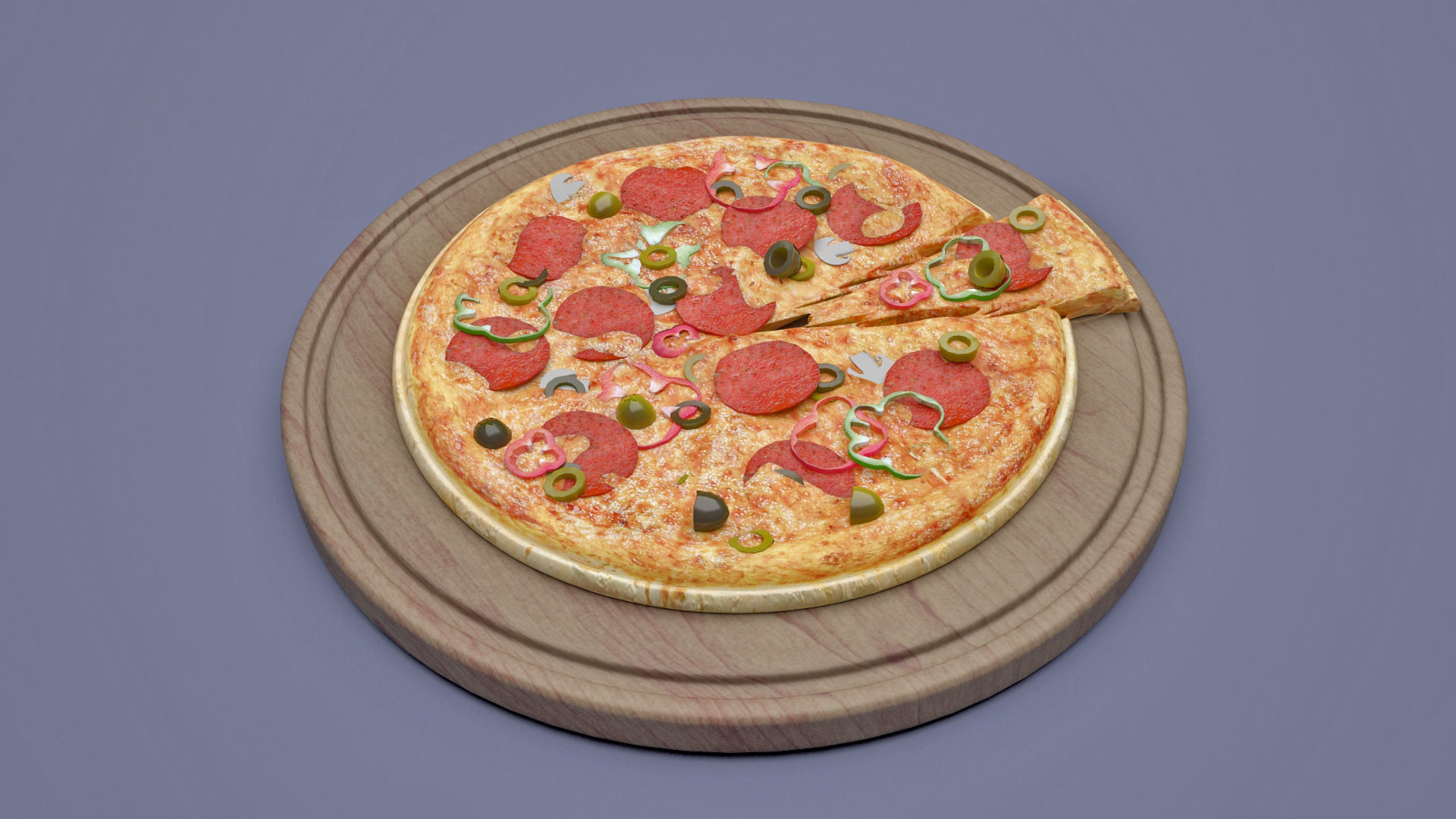 pizza on wooden plate 3D print model_2