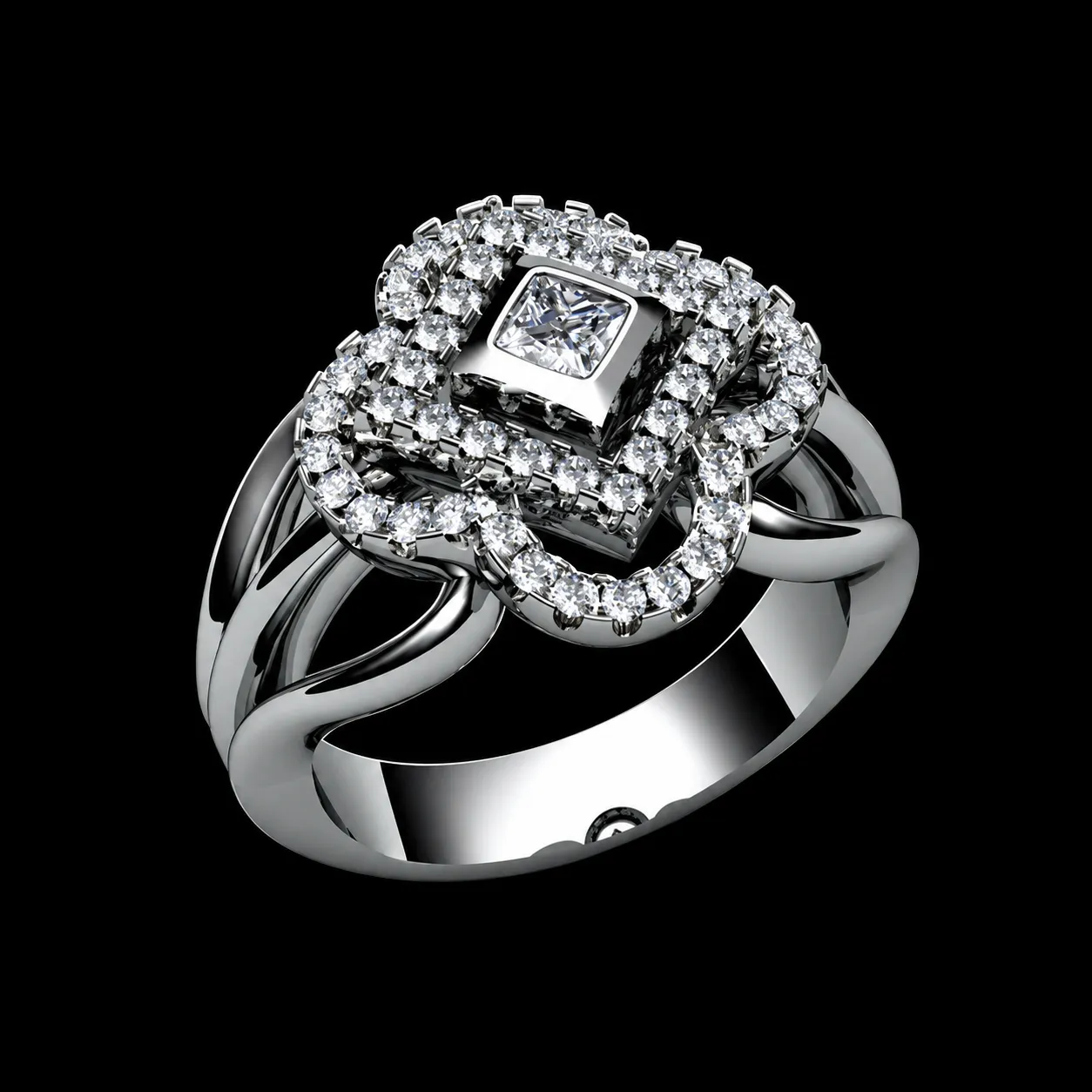Visualisation Square Size Luxury Diamond Ring Elegant Flower Halo Ring Sizes 16-20 3D model 3D ...