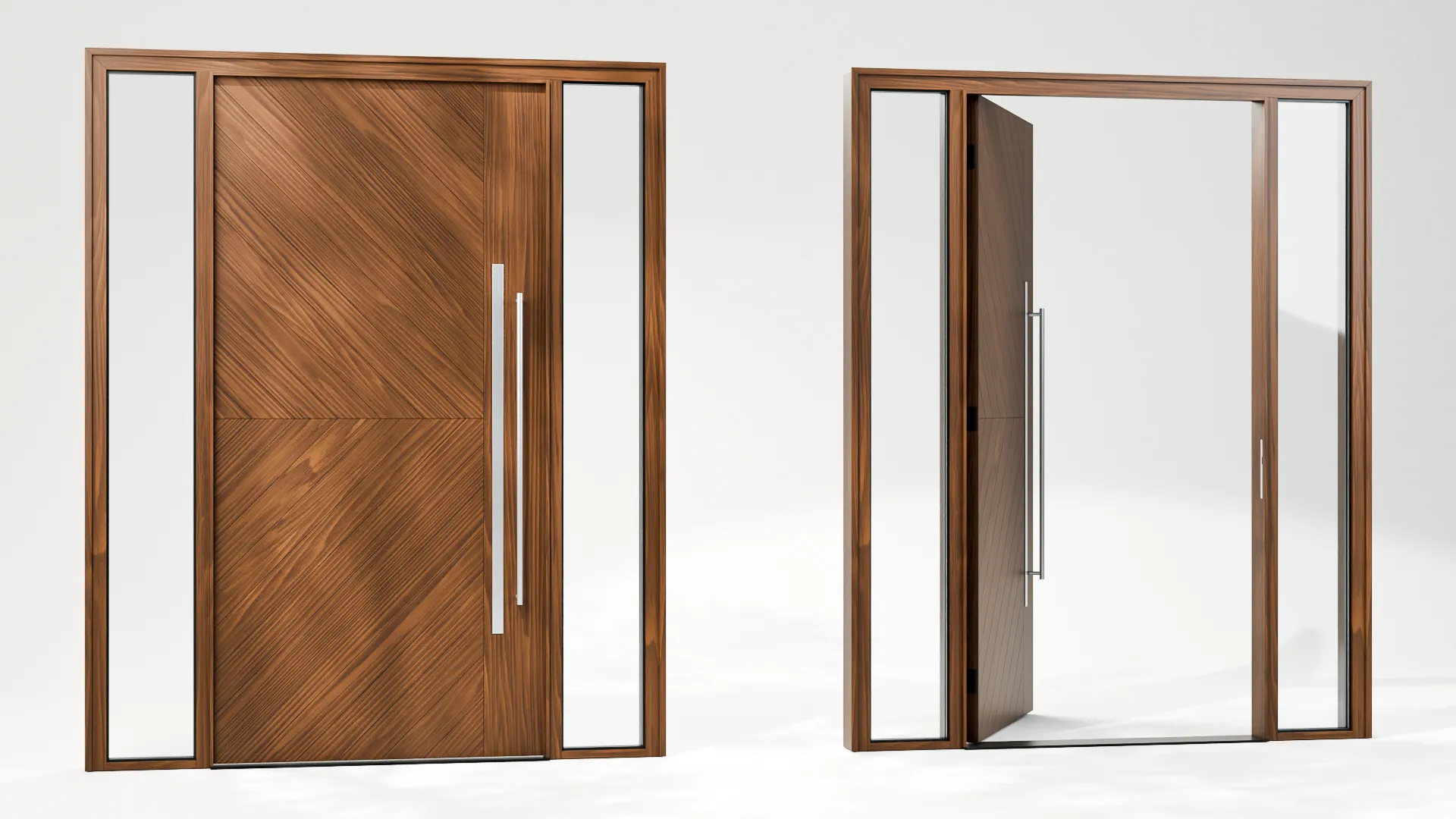 Modern Walnut Pivot Door with Double Sidelights 3D model | CGTrader