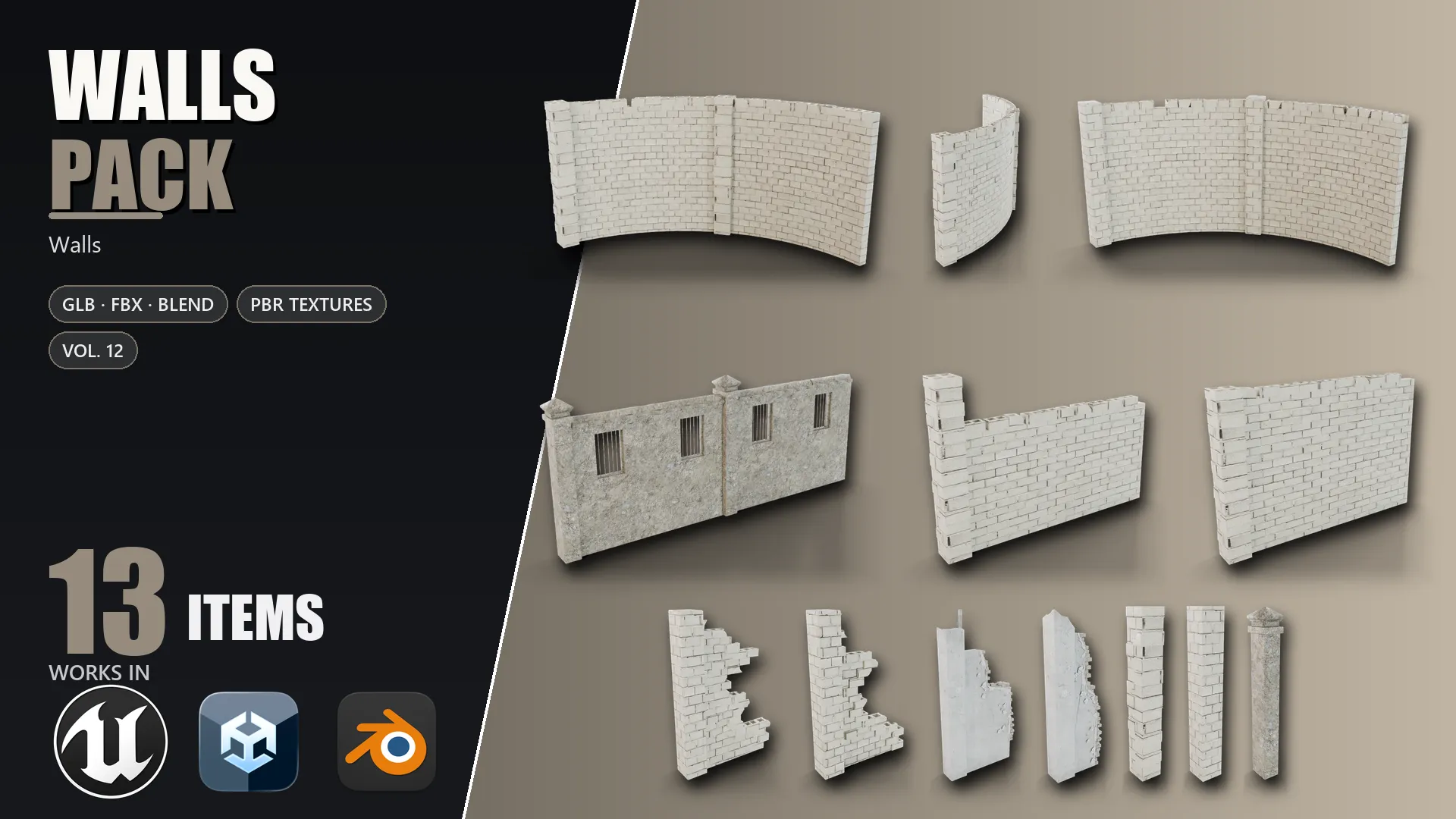 Low Poly Model Build 3D model Walls Pack Vol 12 VR / AR / low-poly | CGTrader