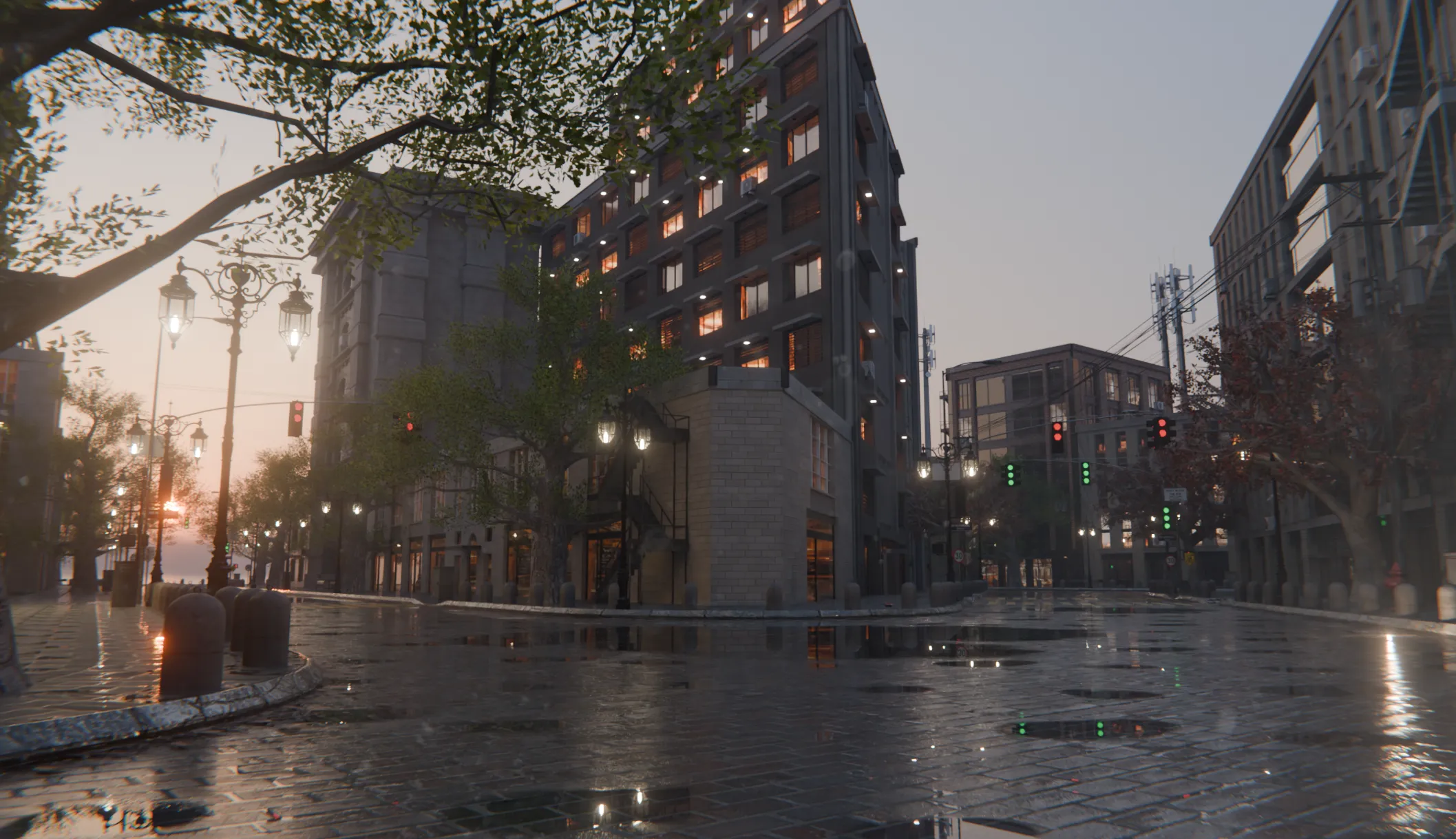 Rainlit Mosaic - Gothic Lamp City Street Environment 3D model | CGTrader
