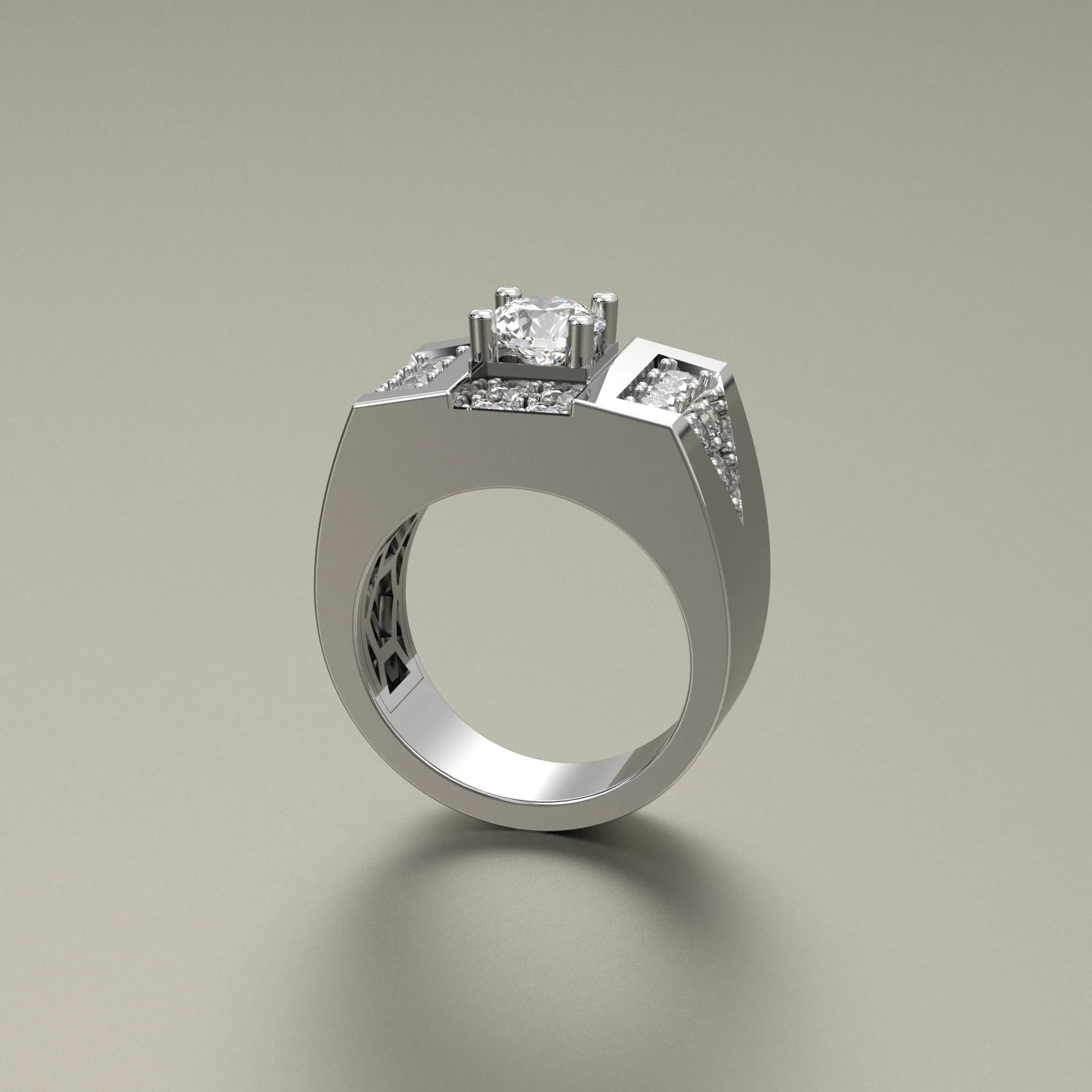 Round Model Designs Mens Diamond Signet Ring 3D Model White Gold Solitaire Ring 3D model 3D ...