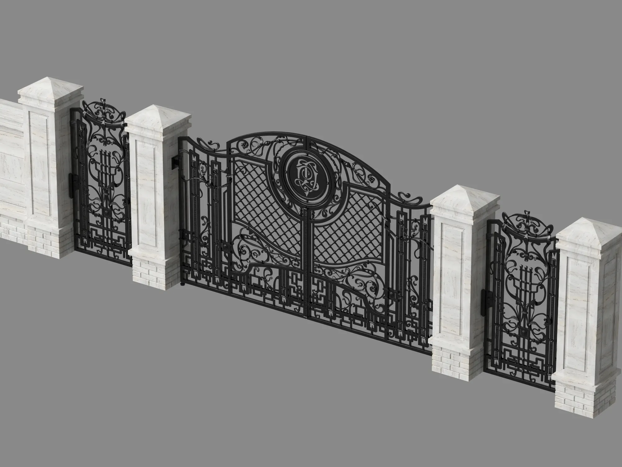 Ornate Wrought Iron Gate With Stone Pillars 3D model rigged | CGTrader