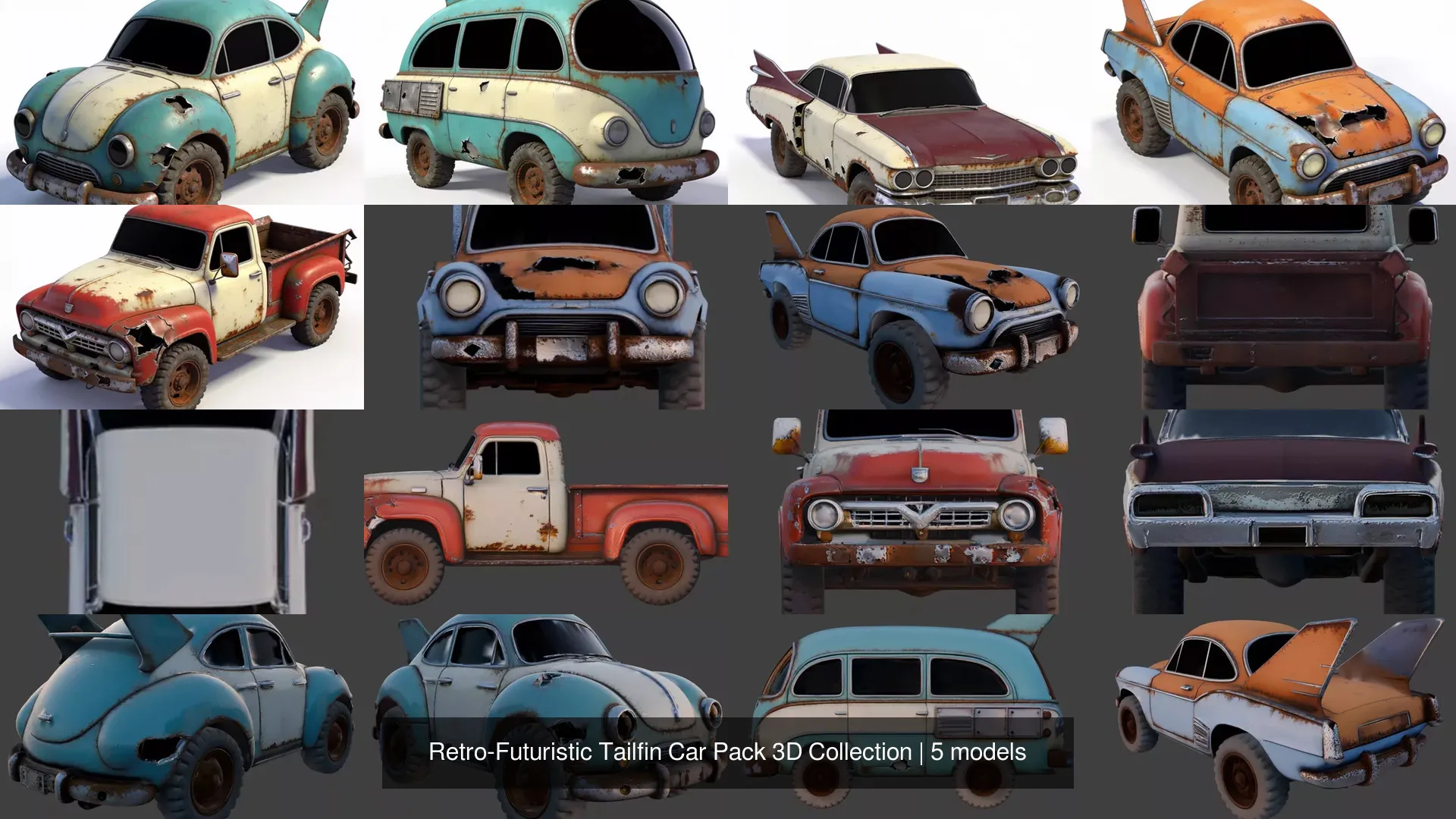 Retro-Futuristic Tailfin Car Pack 3D Collection VR / AR / low-poly ...