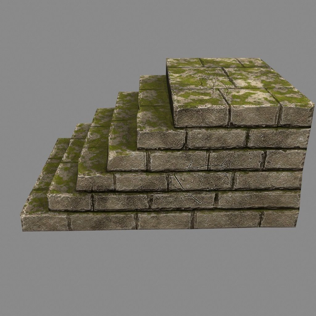 Stairway 2 brick wall with moss Low-poly 3D model_4