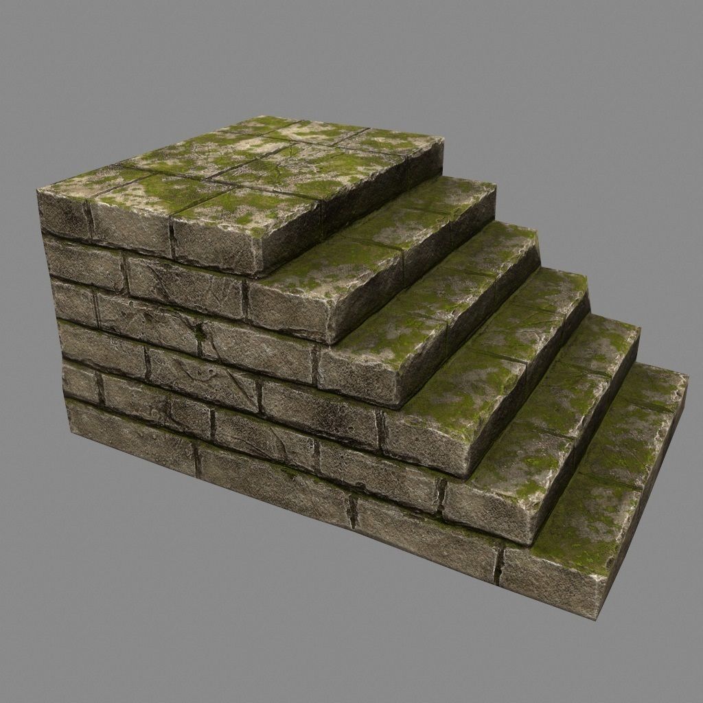 Stairway 2 brick wall with moss Low-poly 3D model_1