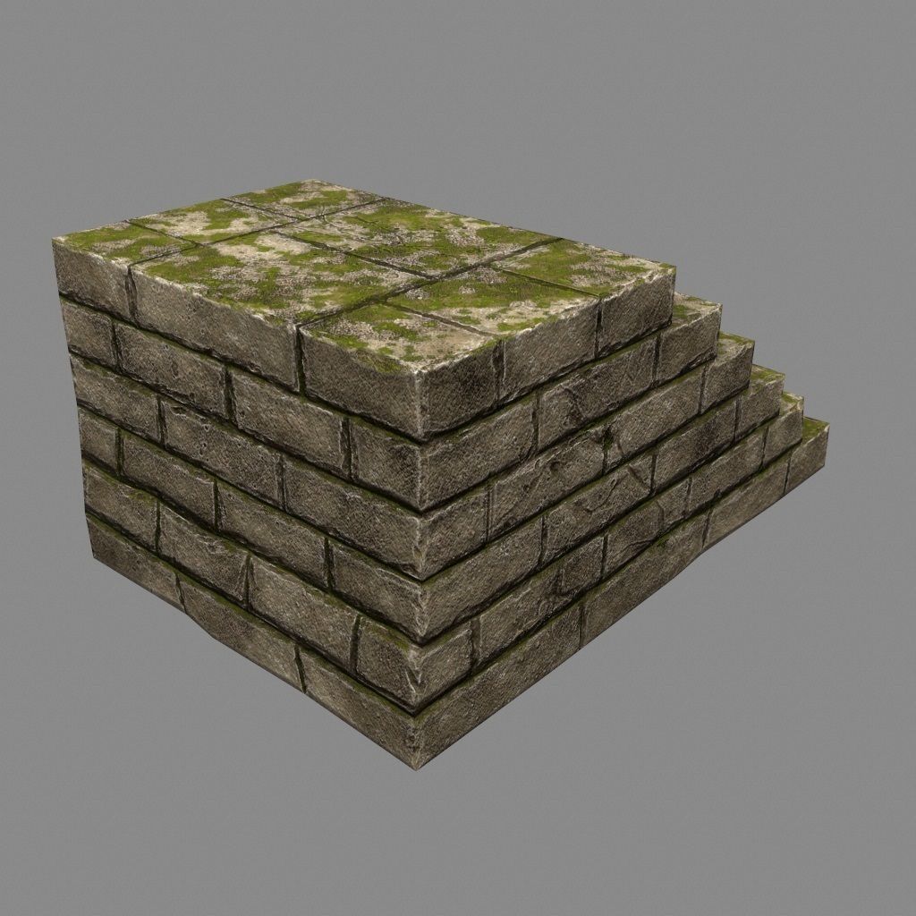 Stairway 2 brick wall with moss Low-poly 3D model_2