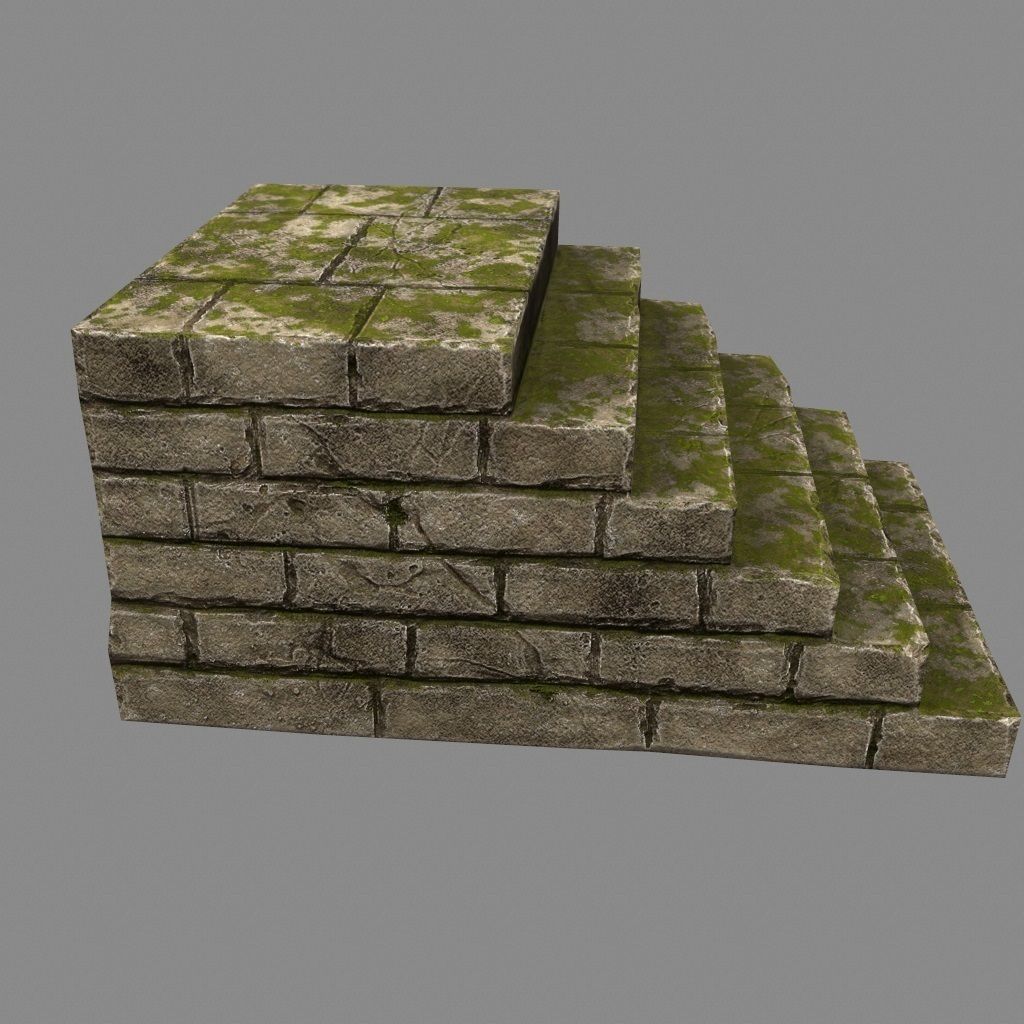 Stairway 2 brick wall with moss Low-poly 3D model_3