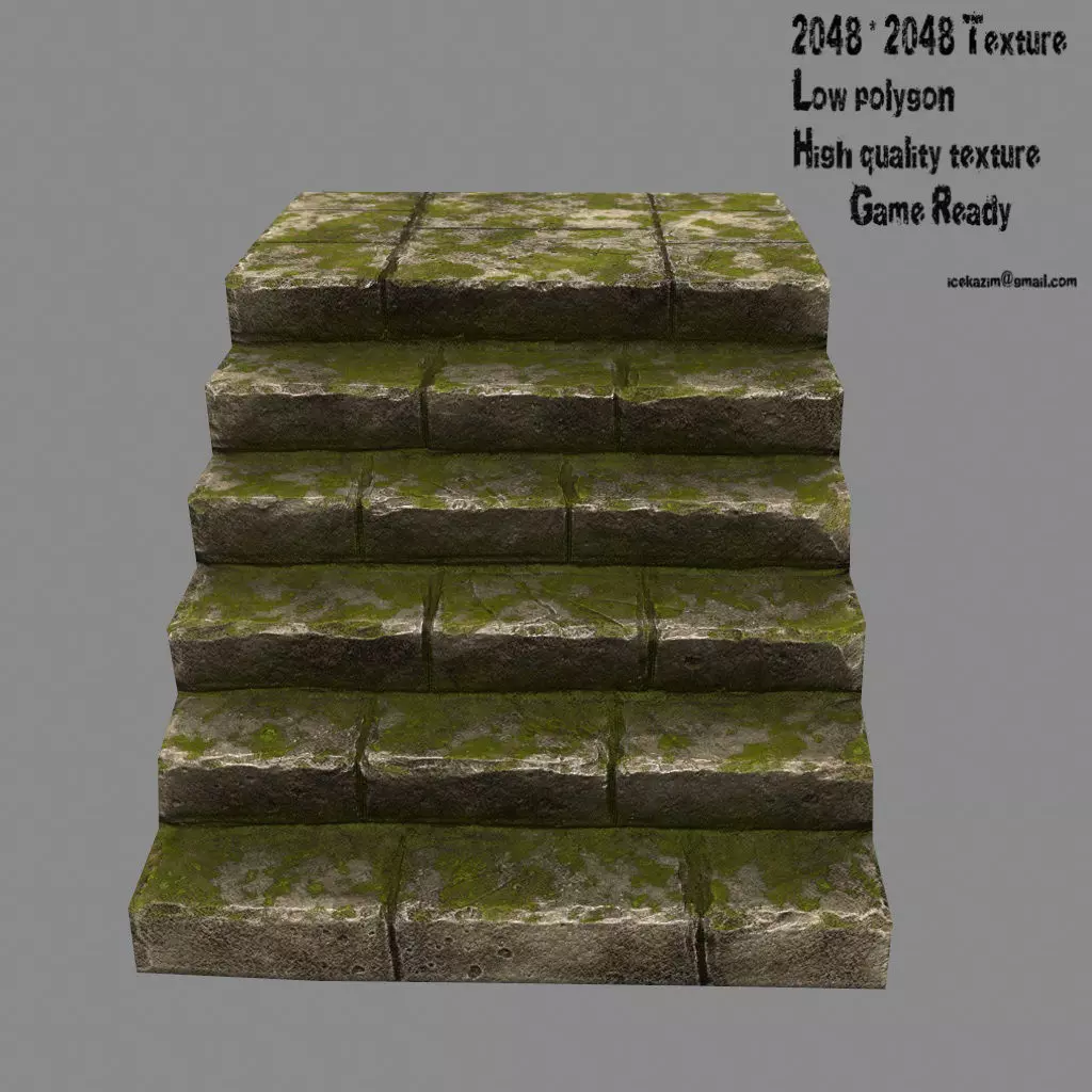 Stairway 2 brick wall with moss Low-poly 3D model_0