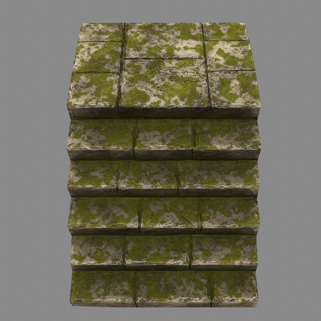 Stairway 2 brick wall with moss Low-poly 3D model_8