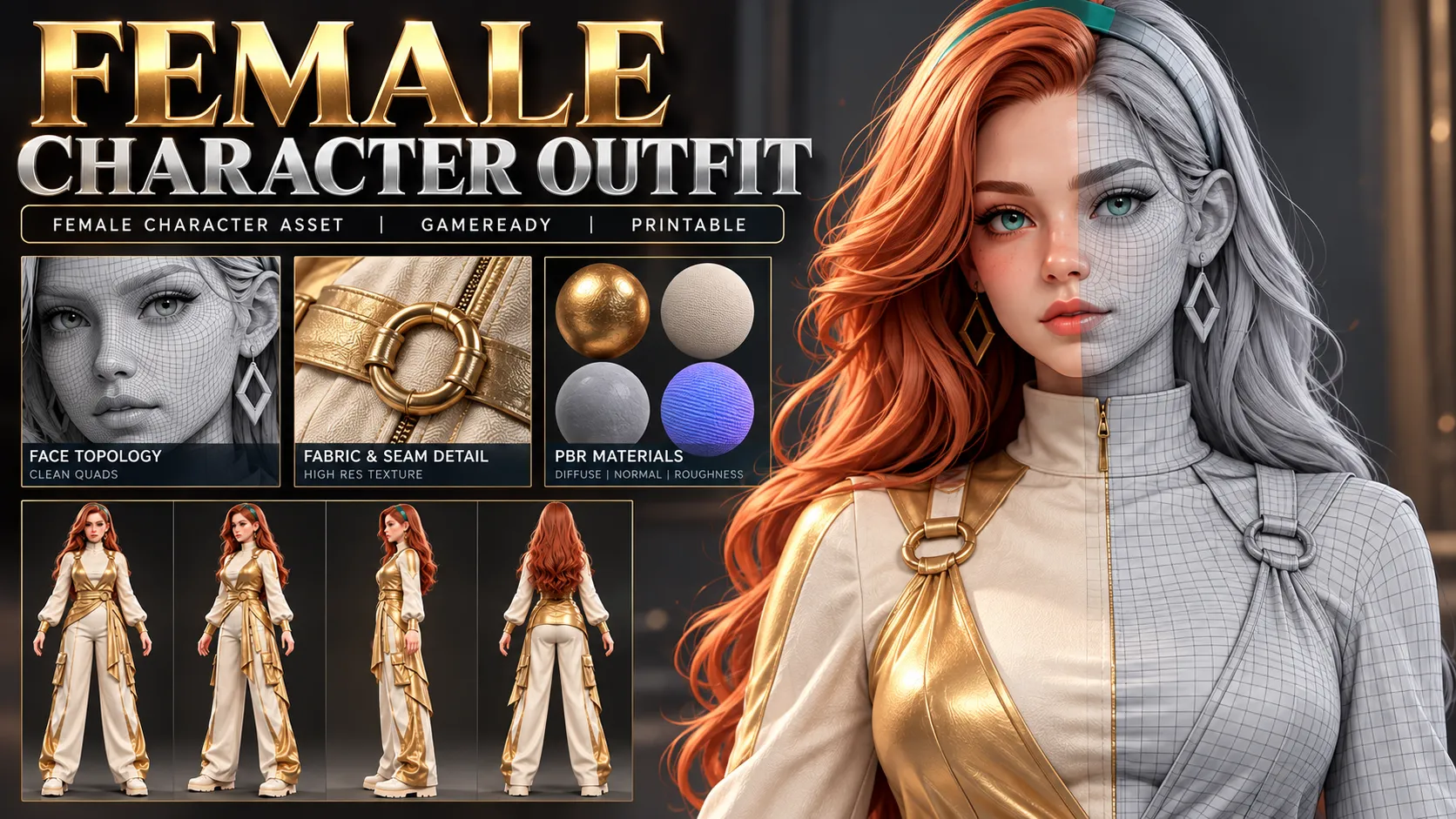 3D model Golden Arab Fashion Female Fantasy Character VR / AR / low ...