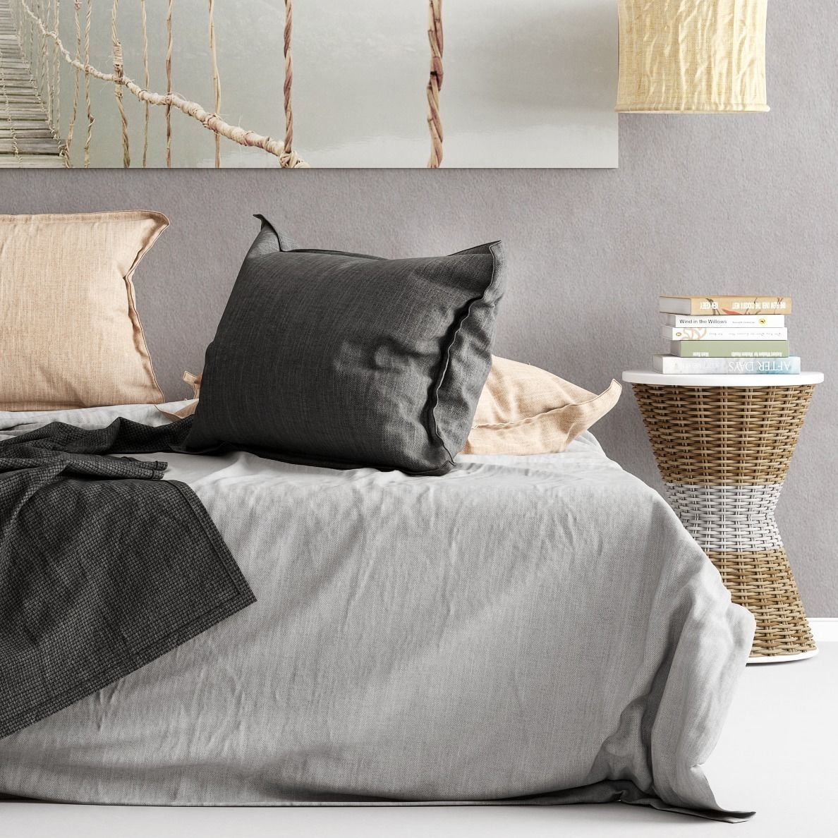 Bedroom set suspension bridge in mist - canvas 3D model_2