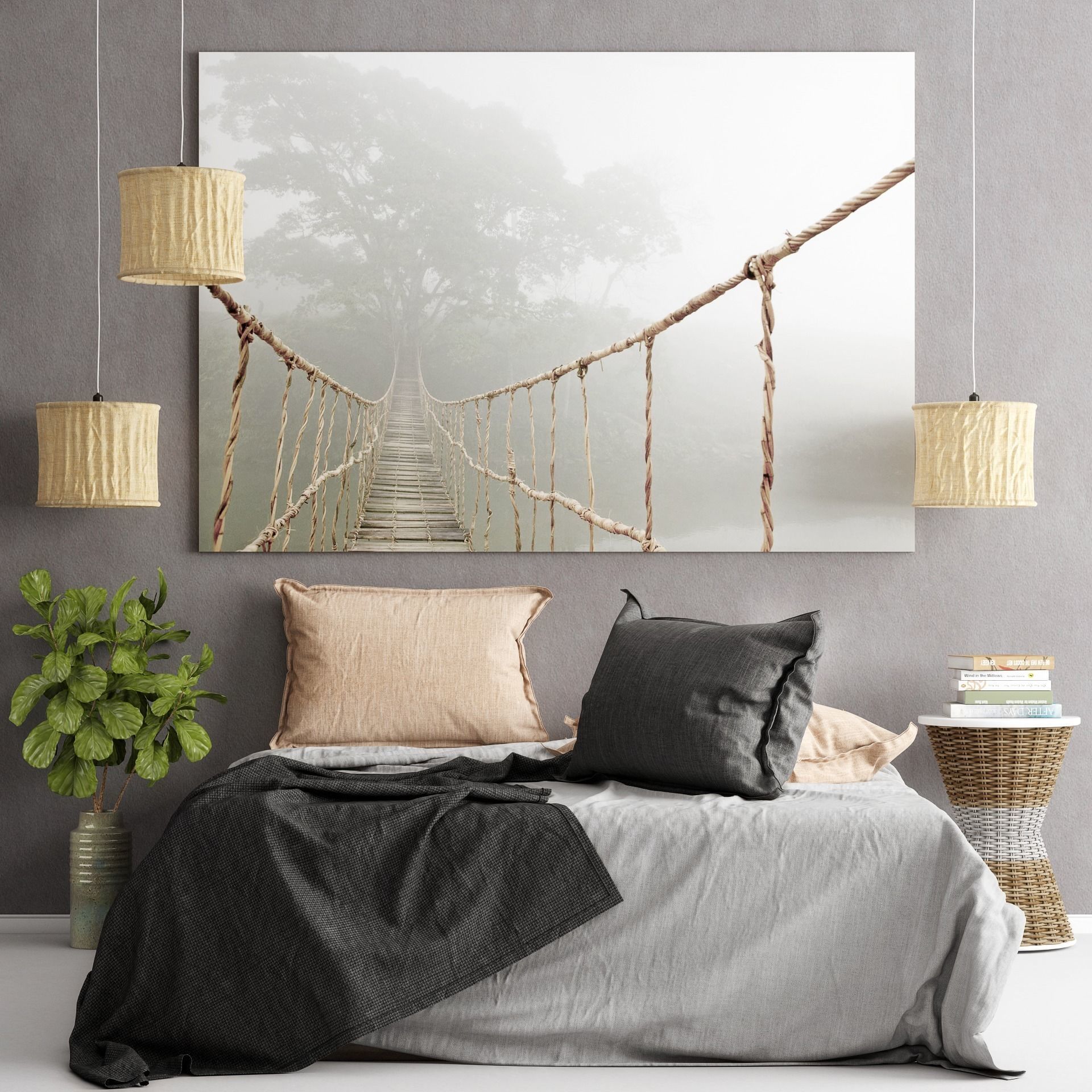 Bedroom set suspension bridge in mist - canvas 3D model_0