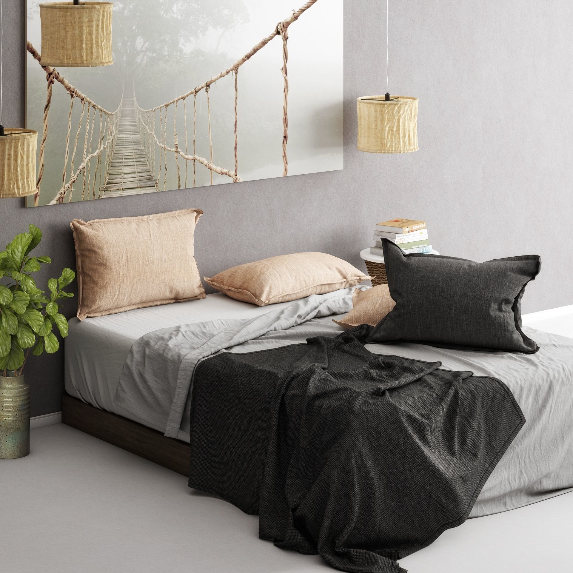 Bedroom set suspension bridge in mist - canvas 3D model_5