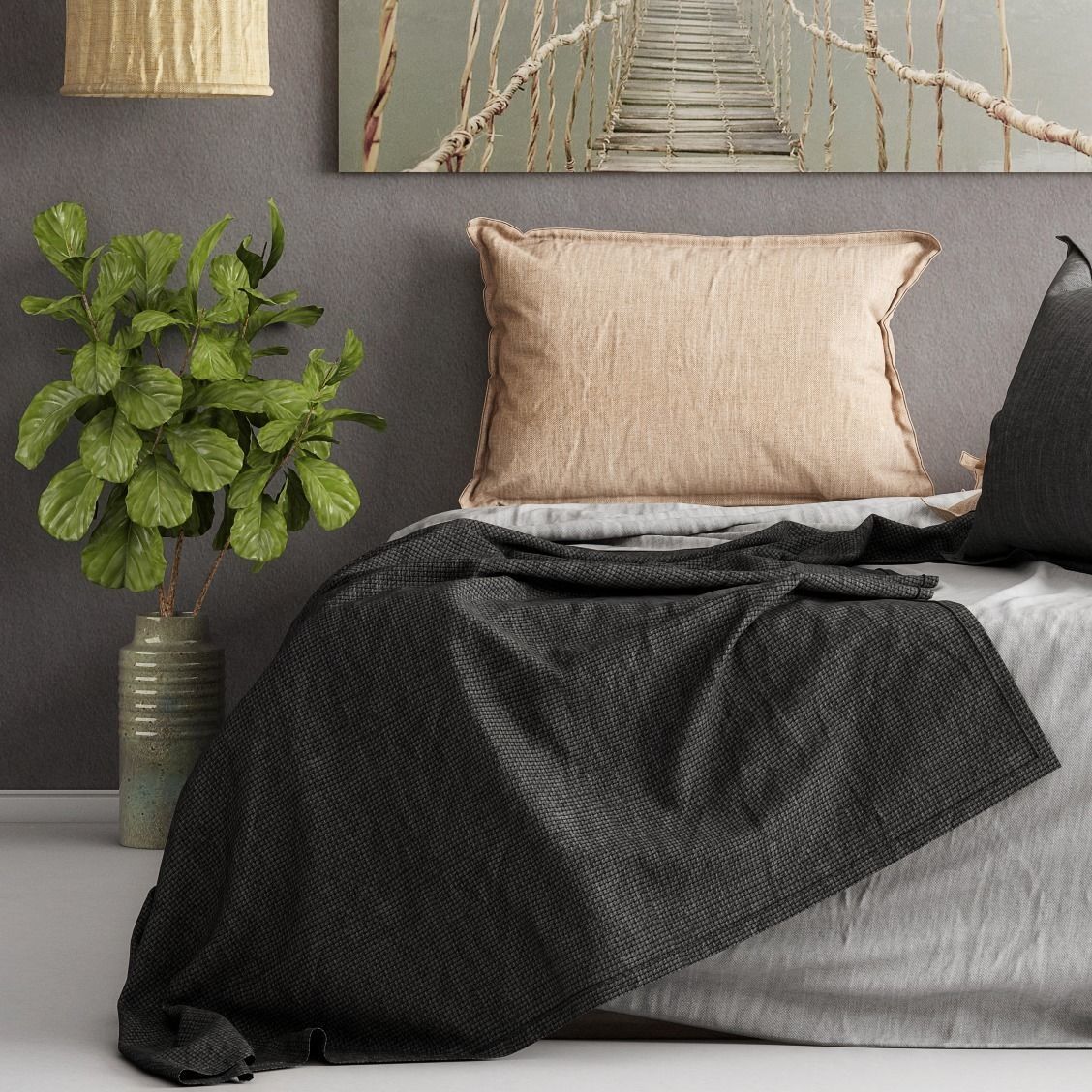 Bedroom set suspension bridge in mist - canvas 3D model_1