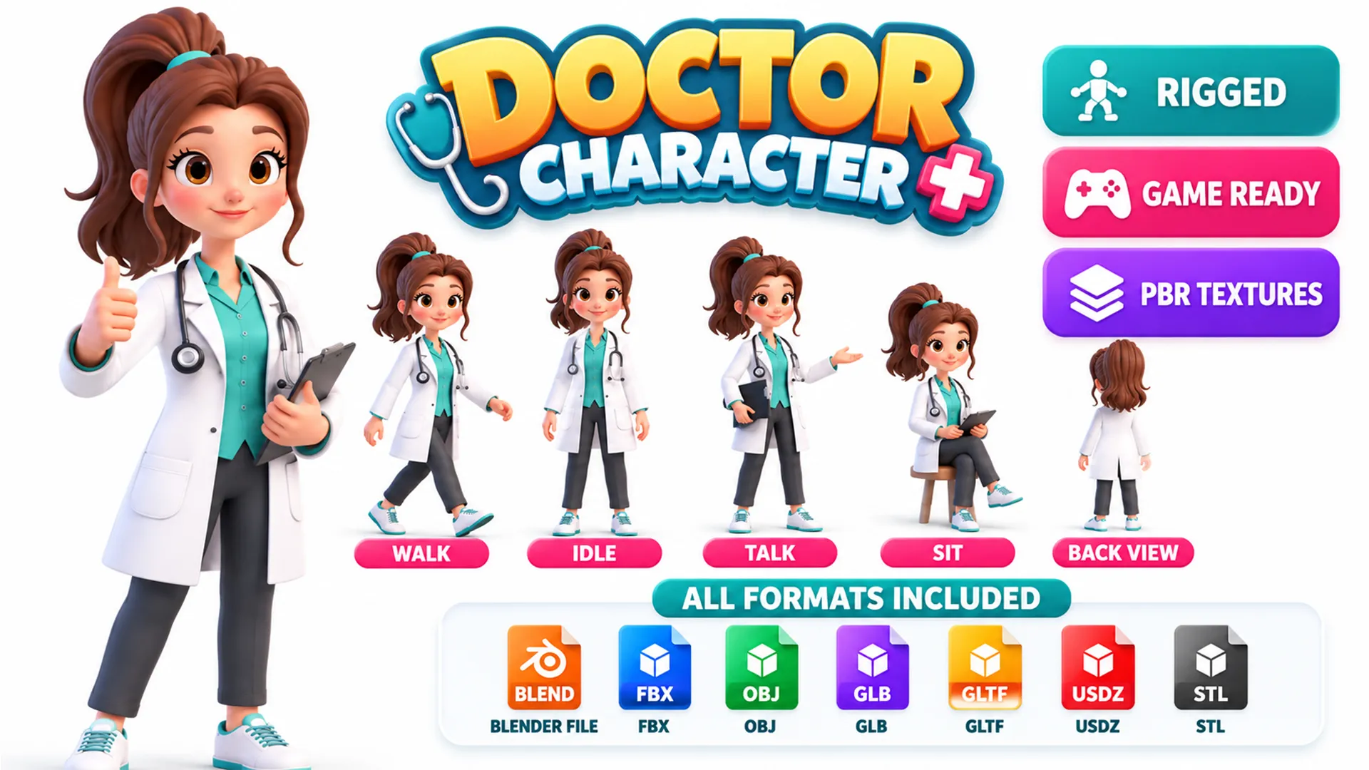 3D model Stylized Female Doctor Character Rigged Animated Medical VR ...