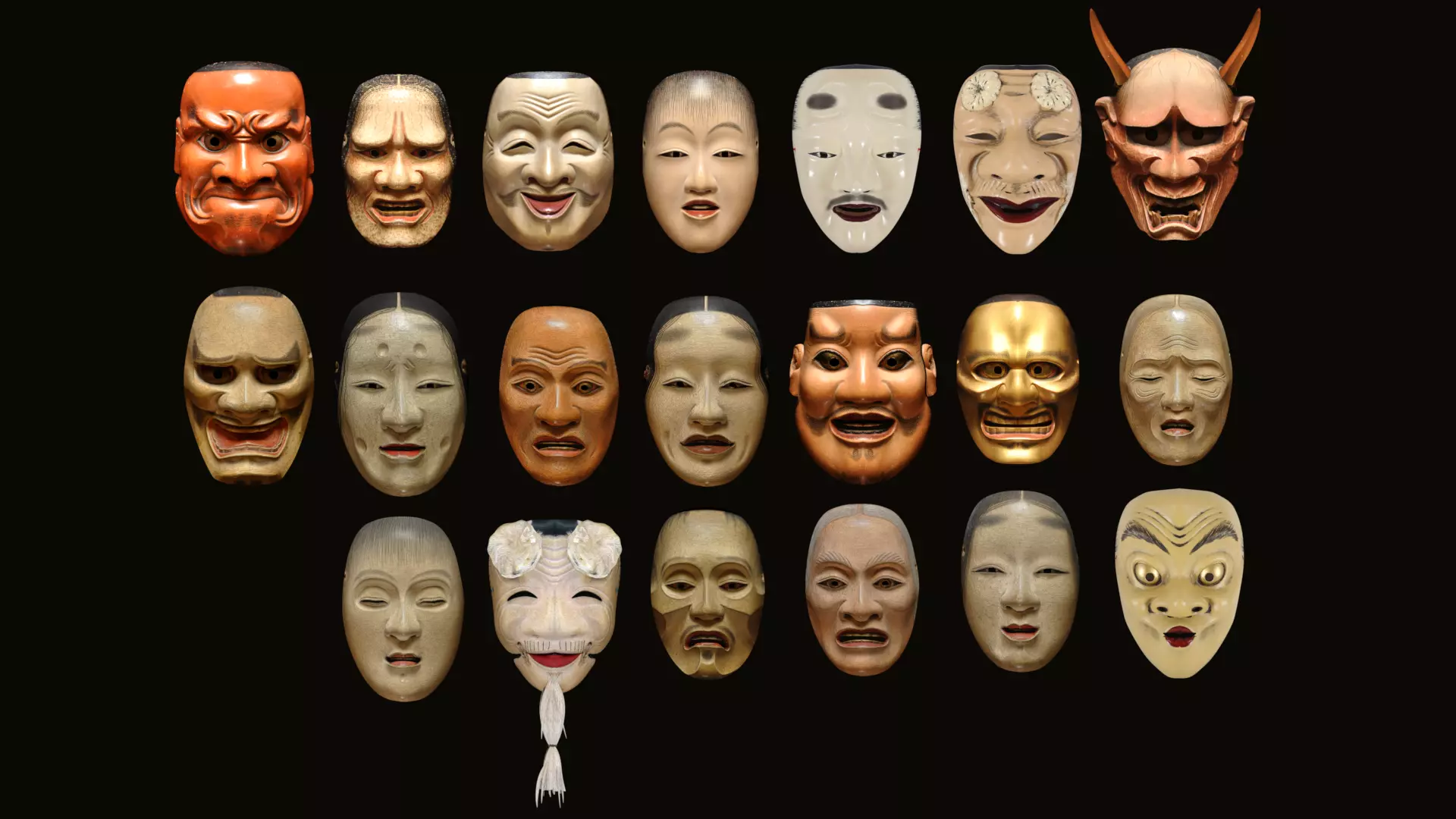 Japanese Mask Pack Noh Medieval Fantasy Edo Japan art wall decor Low-poly 3D model_0