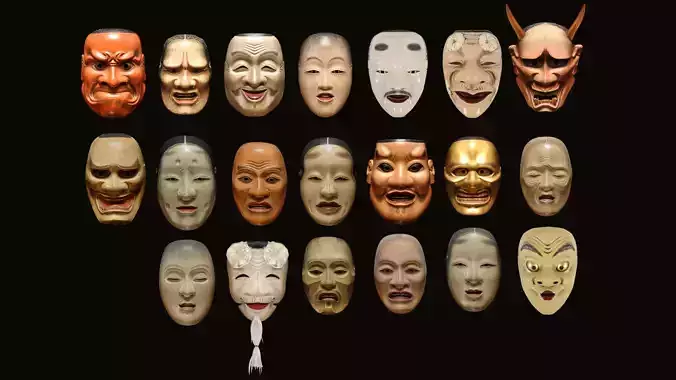 Japanese Mask Pack Noh Medieval Fantasy Edo Japan art wall decor Low-poly 3D model