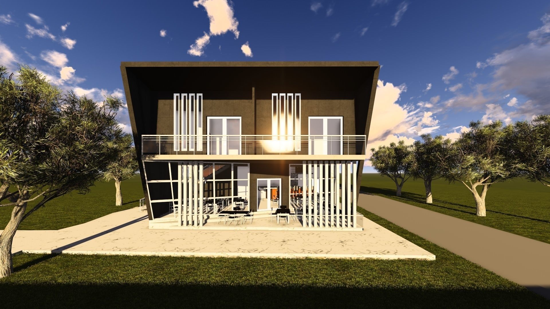 Hotel with Restaurant and swimming pool Free 3D model_1